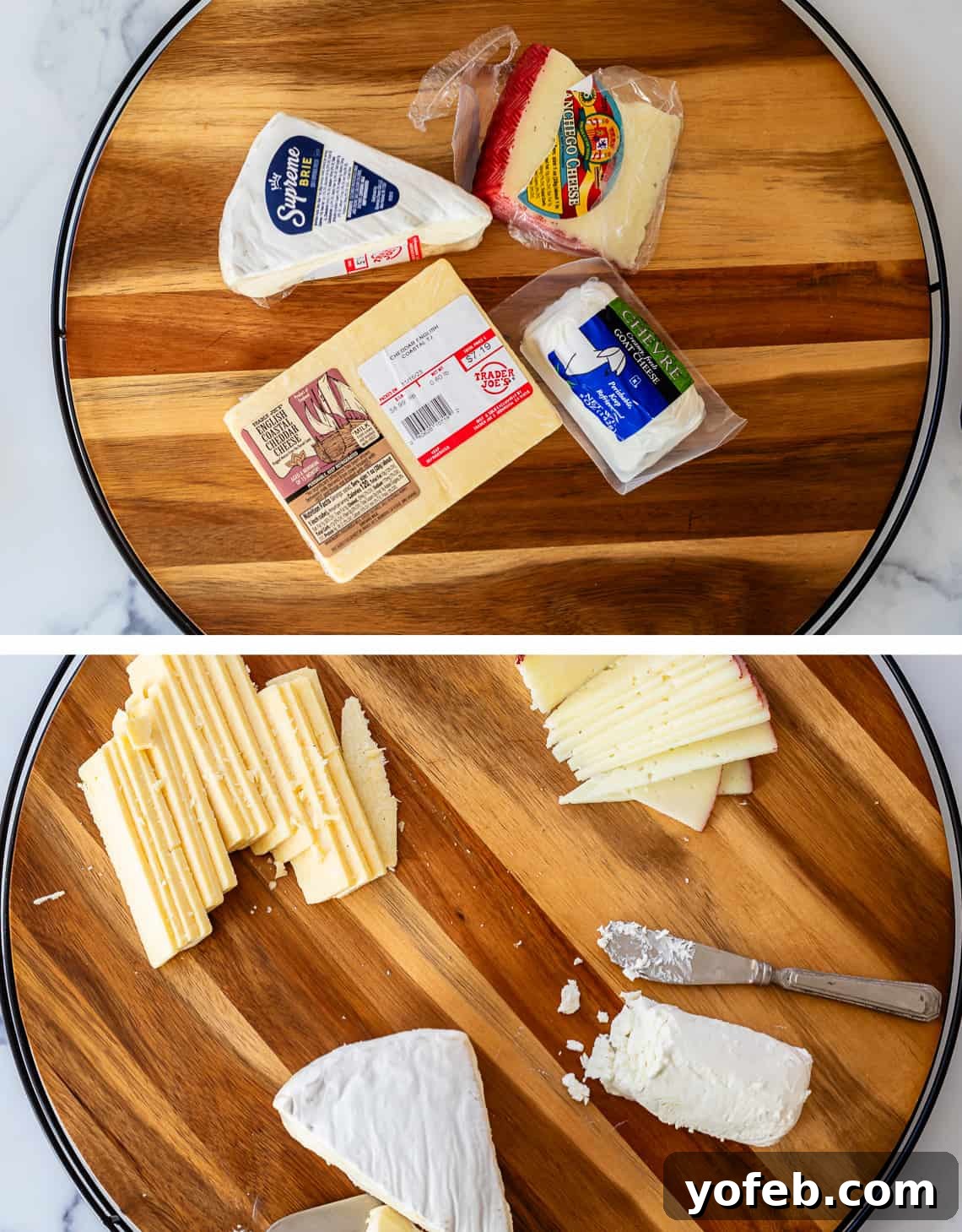 Crafting the Perfect Charcuterie Board 21 Assembling charcuterie board starting with four cheeses in packaging and then sliced and ready out of packaging.