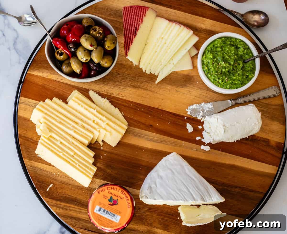 Crafting the Perfect Charcuterie Board 22 Arranging charcuterie board with cheeses, sauces, and olives in the first part of assembling the display.