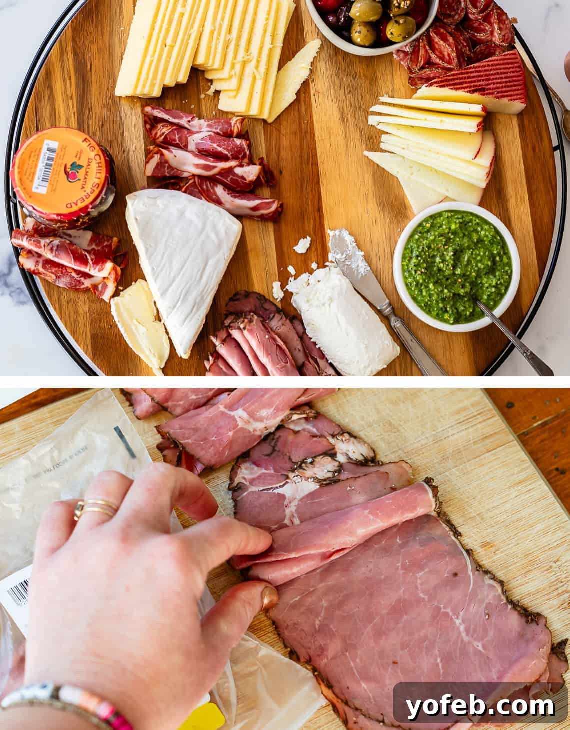 Crafting the Perfect Charcuterie Board 23 Rolling roast beef and other meats in order to add to charcuterie board also with above shot of board in assembly.