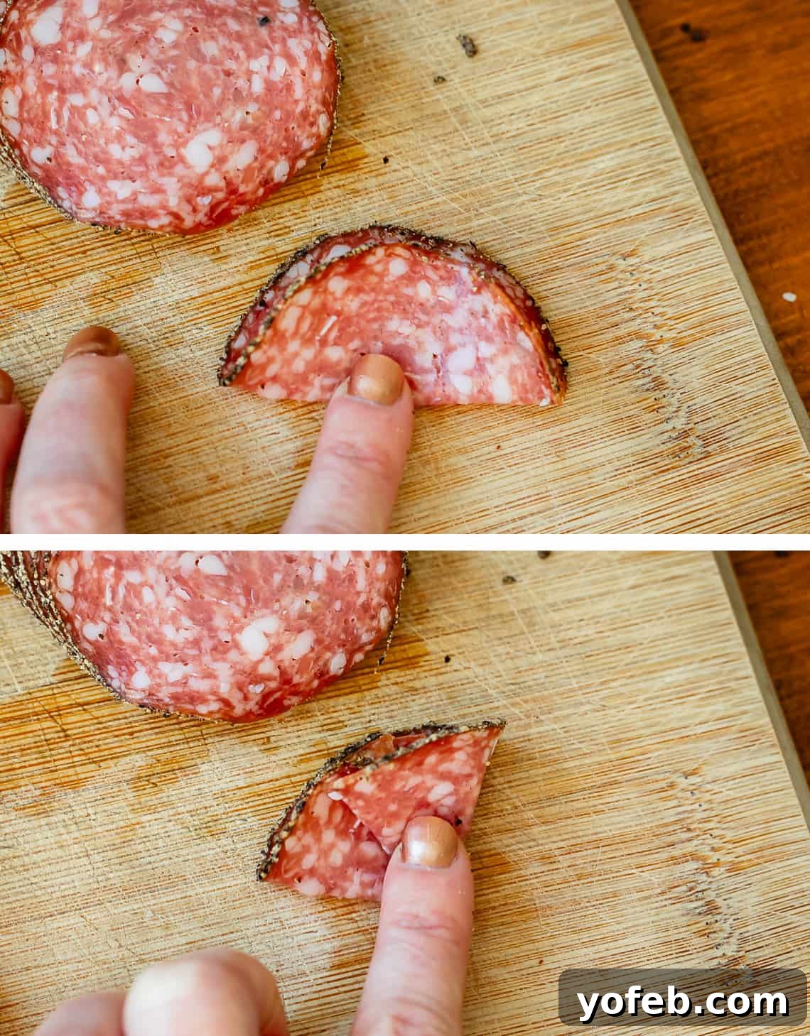 Crafting the Perfect Charcuterie Board 24 How to fold a piece of black pepper salame for display.