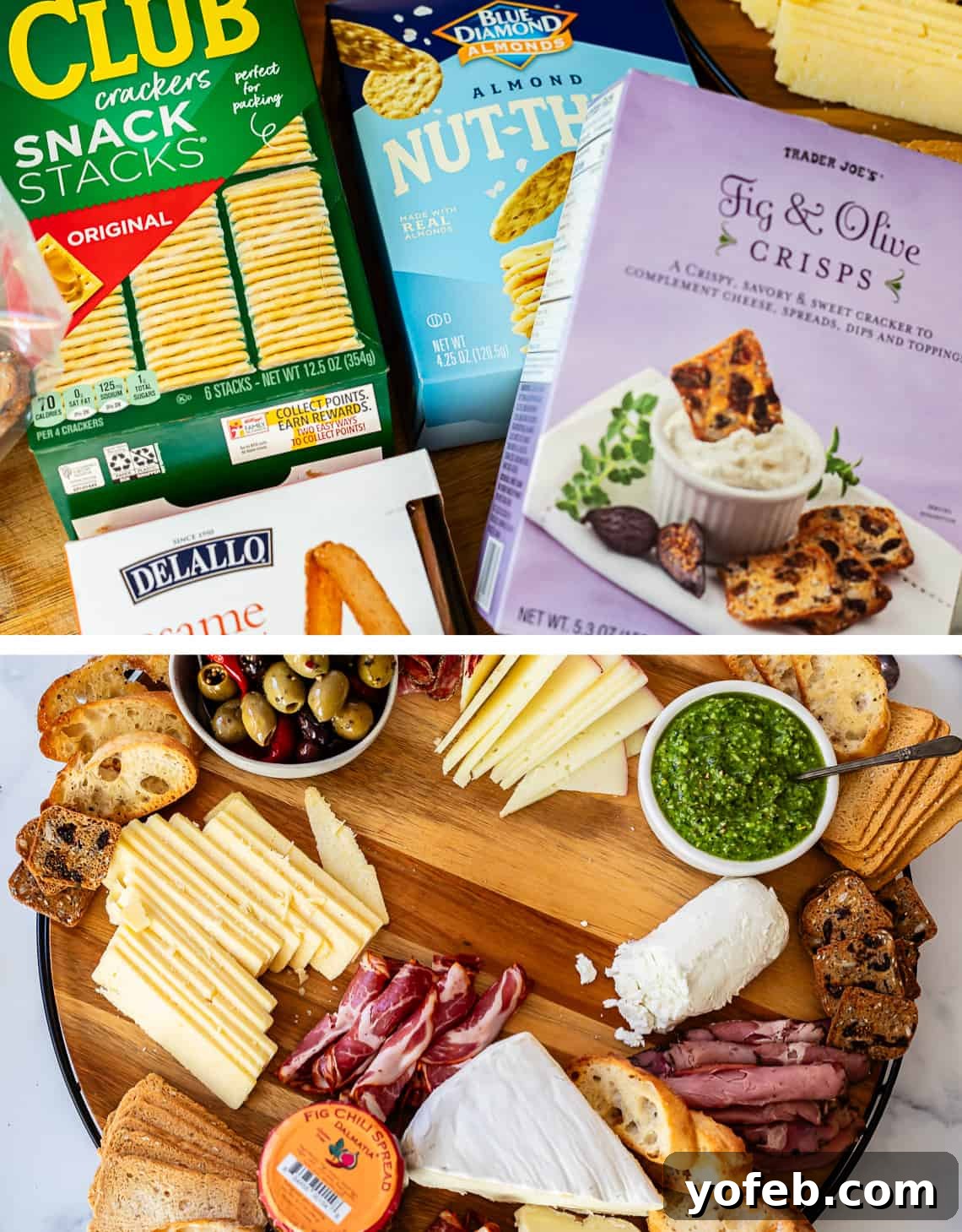 Crafting the Perfect Charcuterie Board 25 Assort of of crackers in boxes and picture of charcuterie board during assembly with cheeses, meats, sauces, spreads, olives, and bread and cracker options.