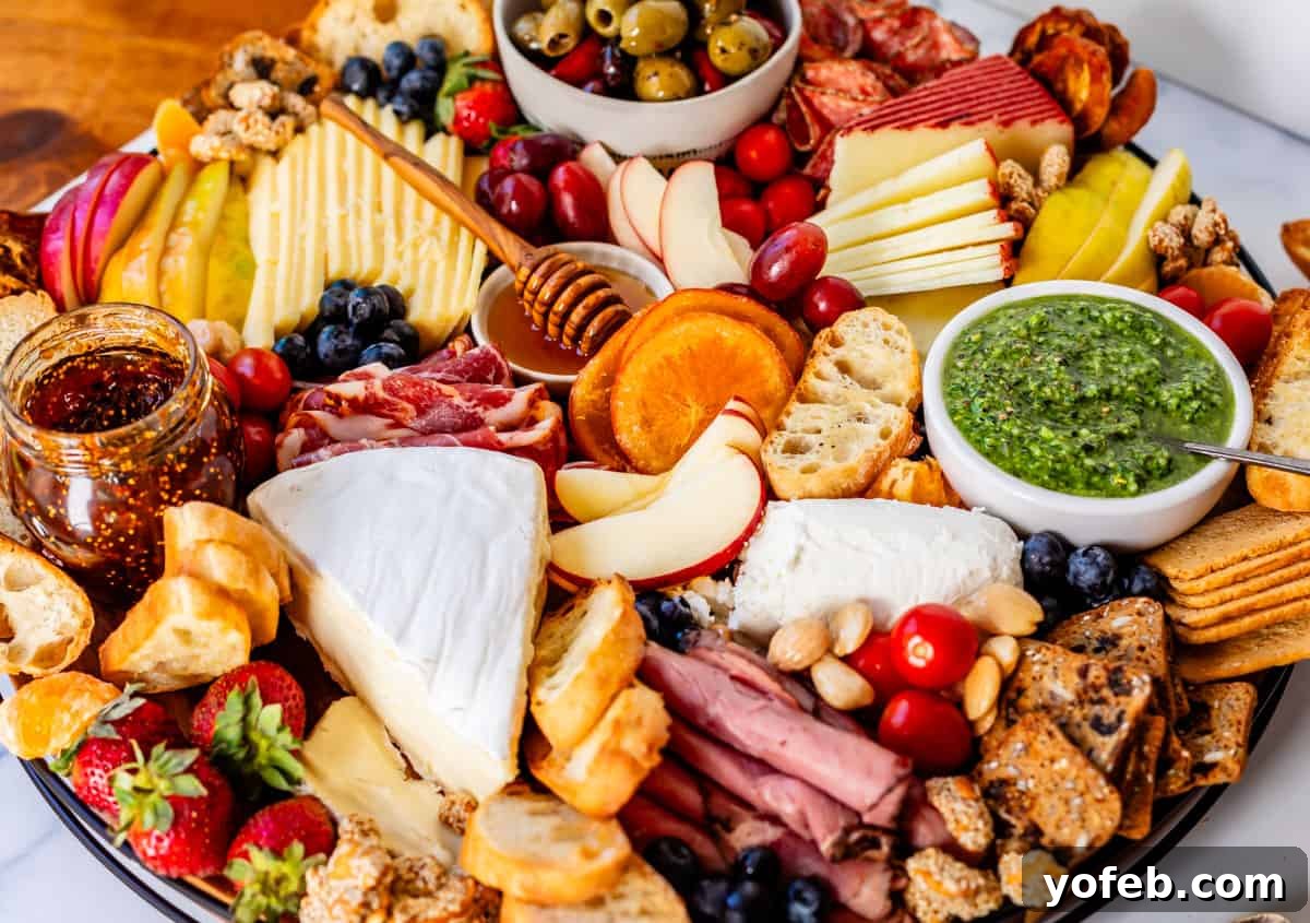 Crafting the Perfect Charcuterie Board 30 a round charcuterie board with apples, oranges, pesto, pastrami, nuts, etc.