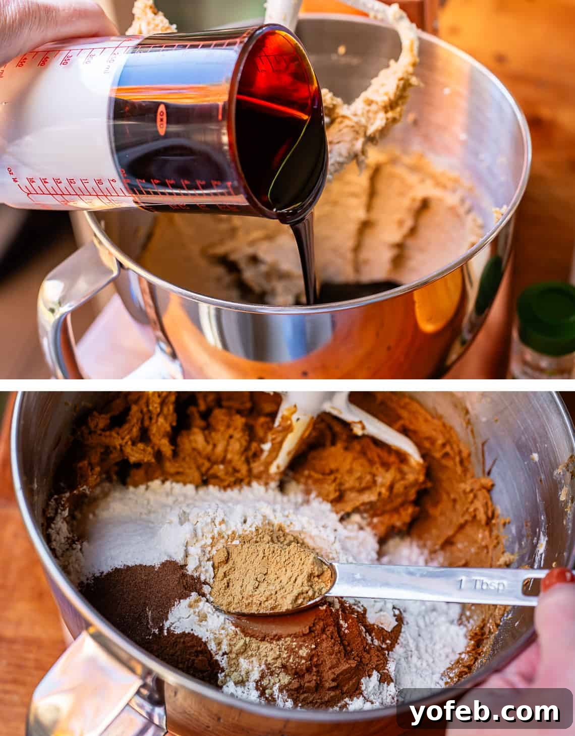 Perfectly Soft Chewy Gingerbread Men That Hold Their Shape 18 Top: Molasses being neatly poured from an adjustable measuring cup. Bottom: All the aromatic spices being added into the mixing bowl, ready to be combined.