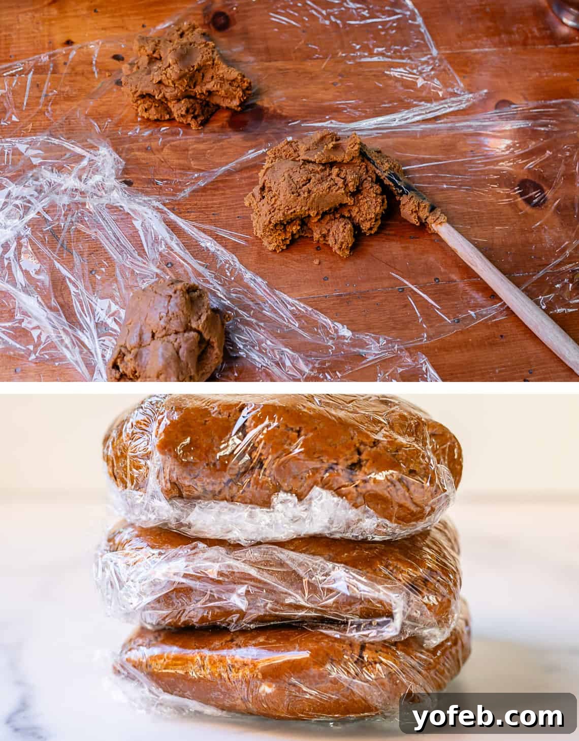 Perfectly Soft Chewy Gingerbread Men That Hold Their Shape 20 Top: A third of the gingerbread dough being placed onto plastic wrap. Bottom: The dough shaped into a disc and securely wrapped in plastic, ready for chilling.