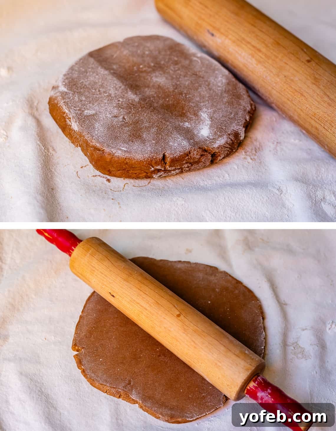 Perfectly Soft Chewy Gingerbread Men That Hold Their Shape 21 Top: Gingerbread dough being gently pounded with a rolling pin to soften it. Bottom: The dough being smoothly rolled out with a rolling pin to an even thickness.