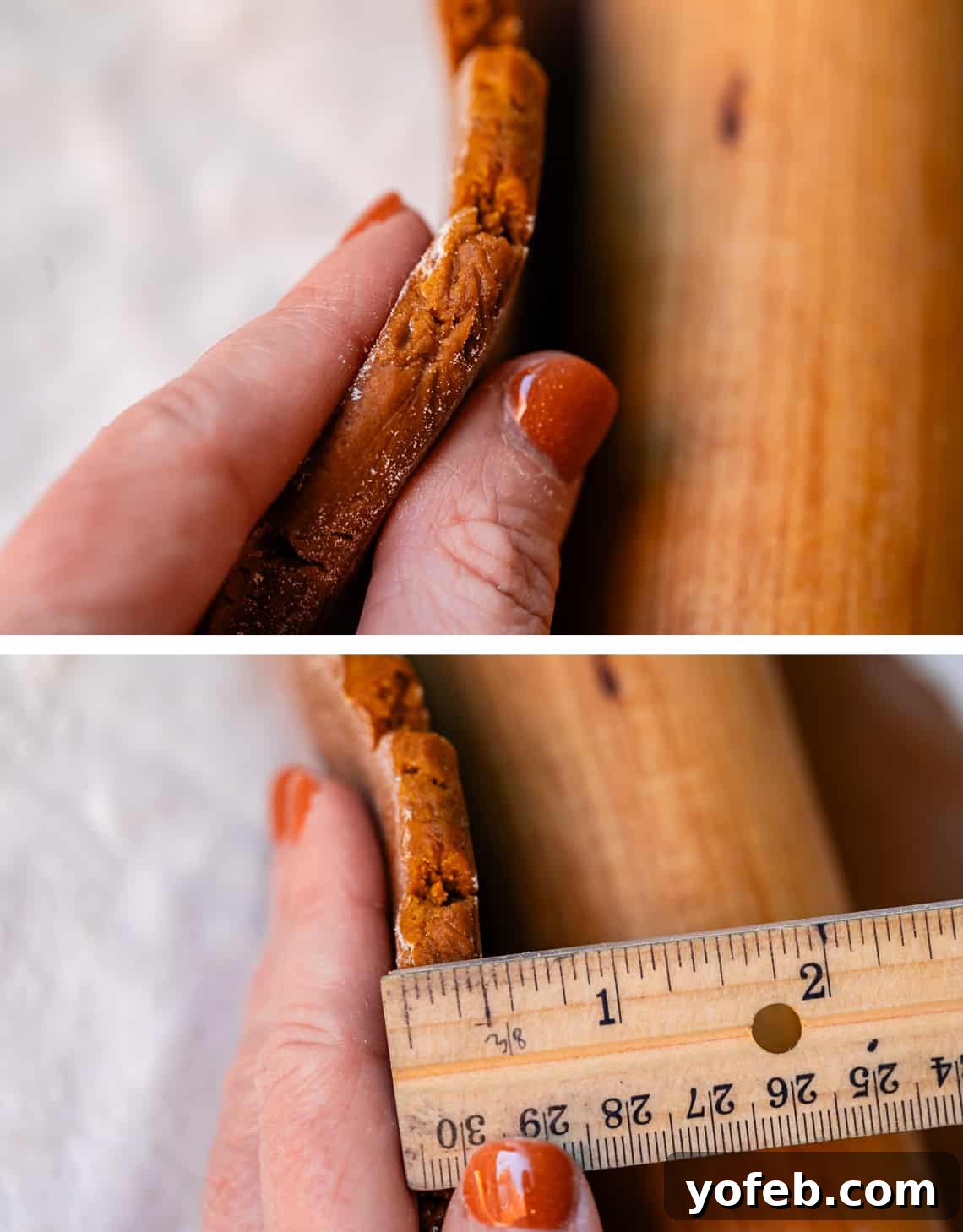 Perfectly Soft Chewy Gingerbread Men That Hold Their Shape 22 Top: Fingers demonstrating the correct thickness of the gingerbread dough. Bottom: A ruler measuring the dough, showing it is precisely 3/8 inch thick.