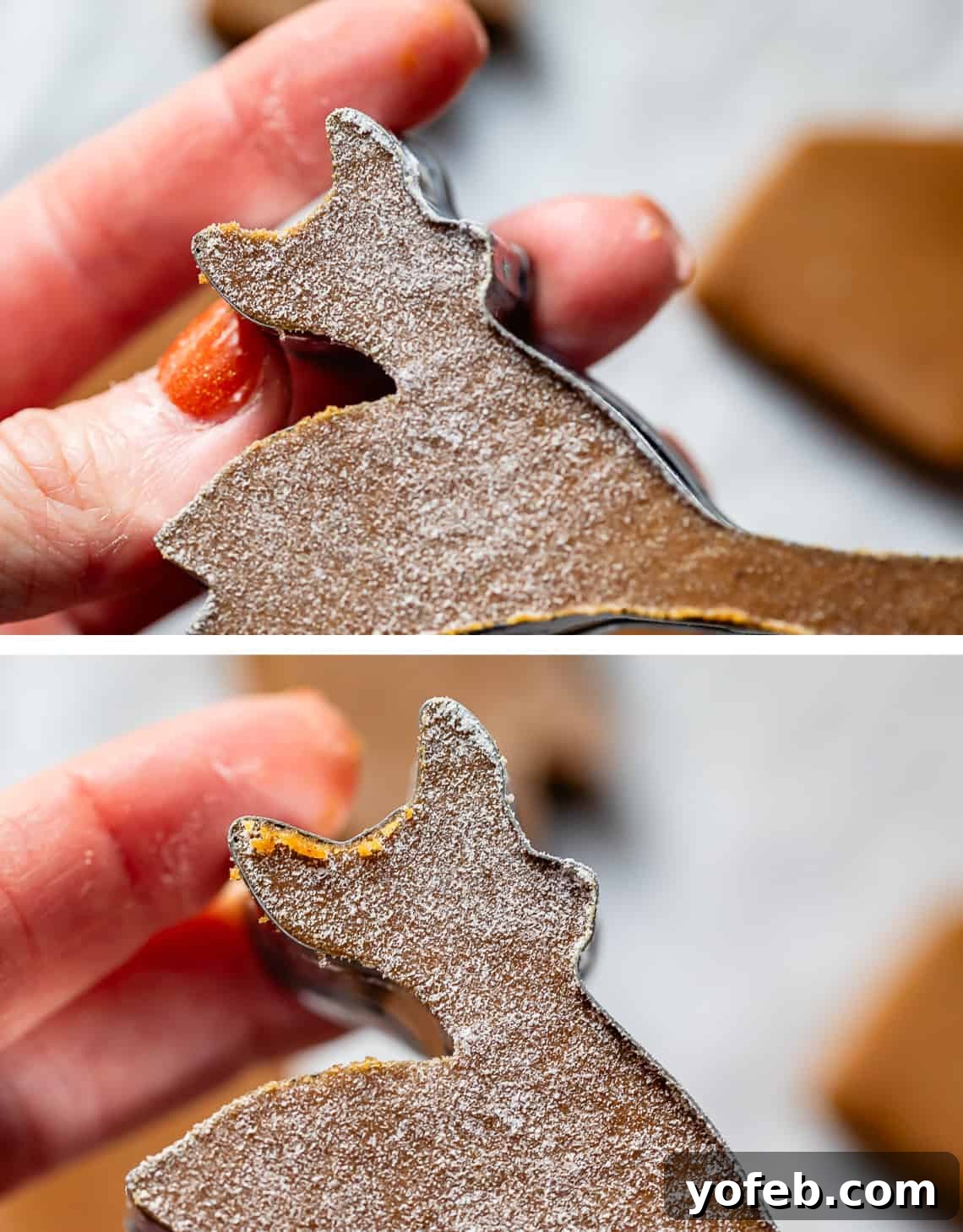 Perfectly Soft Chewy Gingerbread Men That Hold Their Shape 25 Top: A hand holding a deer cookie cutter with dough still inside. Bottom: A finger wiping excess flour from the intricate edges of the deer cutter to ensure a clean shape.