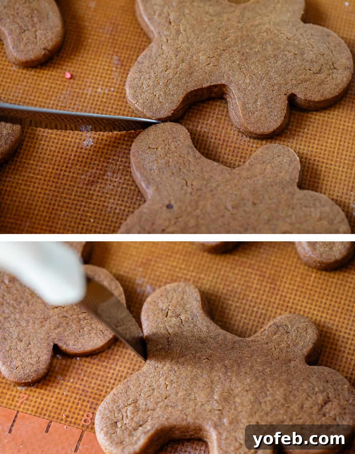 Perfectly Soft Chewy Gingerbread Men That Hold Their Shape 26 Top: A knife separating two freshly baked gingerbread cookies that have puffed slightly. Bottom: A knife gently pressing the side of a cookie to refine its shape, demonstrating post-bake adjustments.