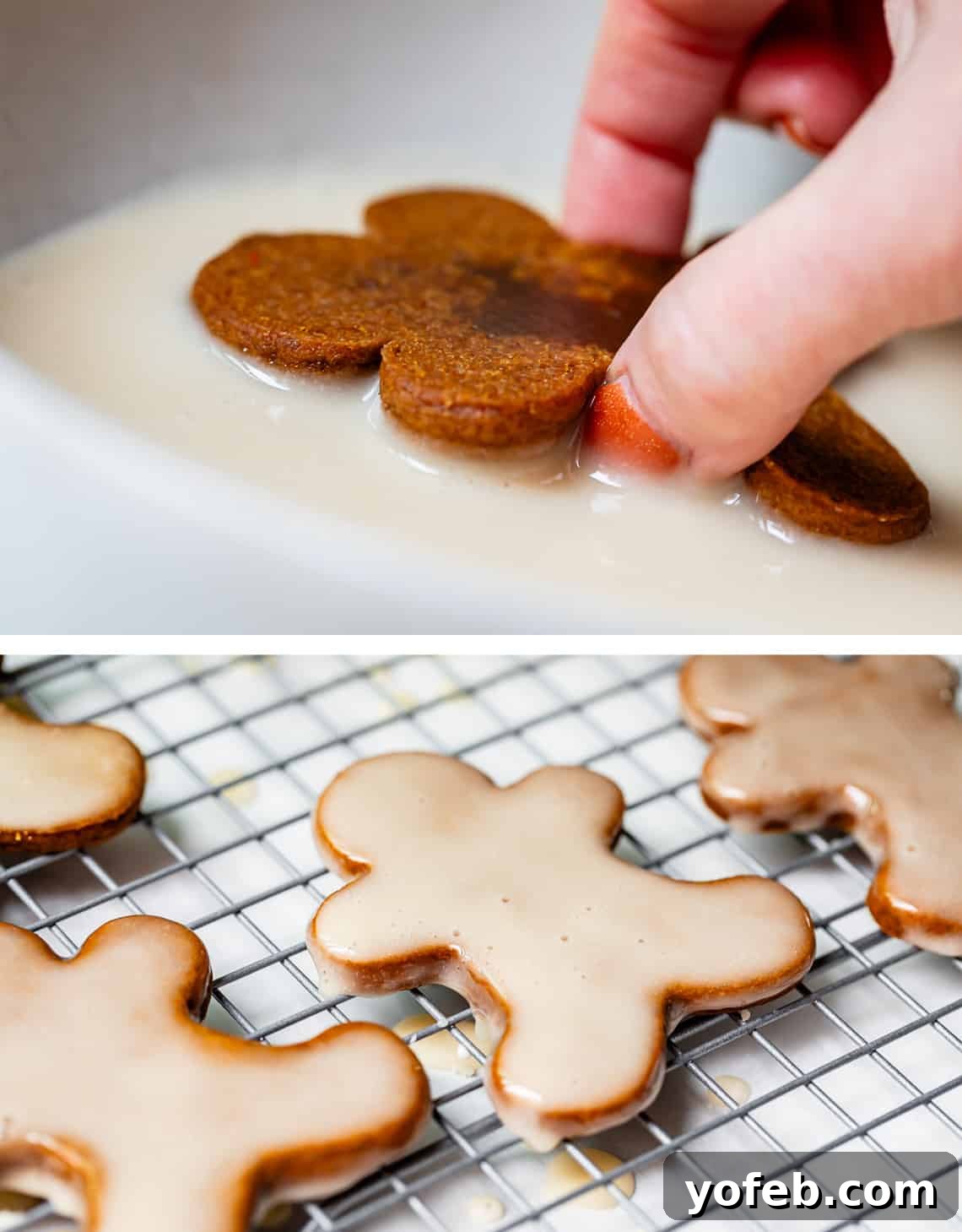 Perfectly Soft Chewy Gingerbread Men That Hold Their Shape 28 Gingerbread cookie being dipped into glaze, then placed on a cooling rack to dry, showcasing the glazing process.