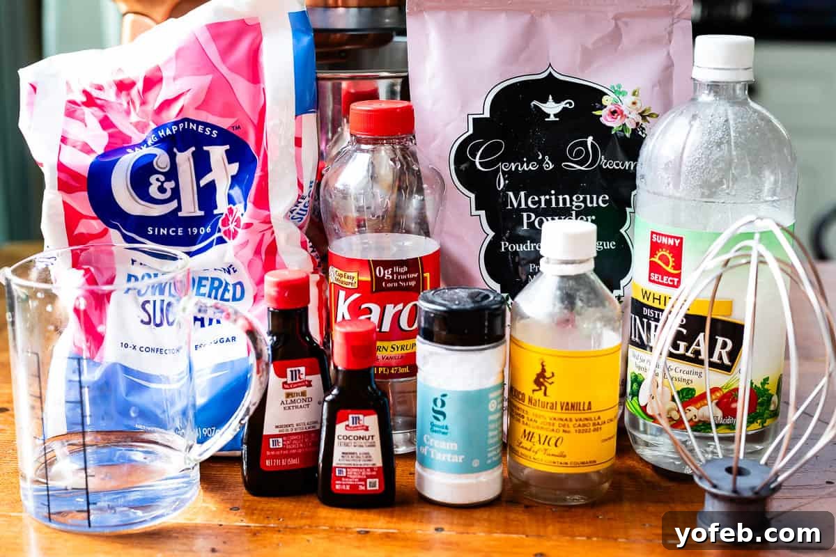 Beginner's Guide to Perfect Royal Icing 11 shot of ingredients for beginner's royal icing; powdered sugar, merengue powder, etc.