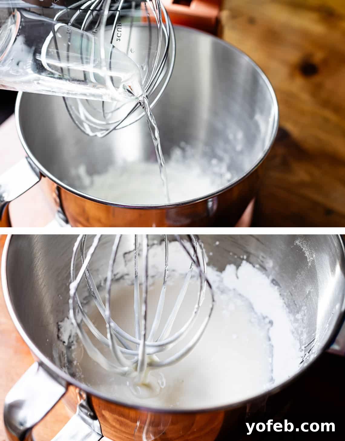 Beginner's Guide to Perfect Royal Icing 14 top adding water to the mixing bowl, bottom whisk dripping icing after mixing.