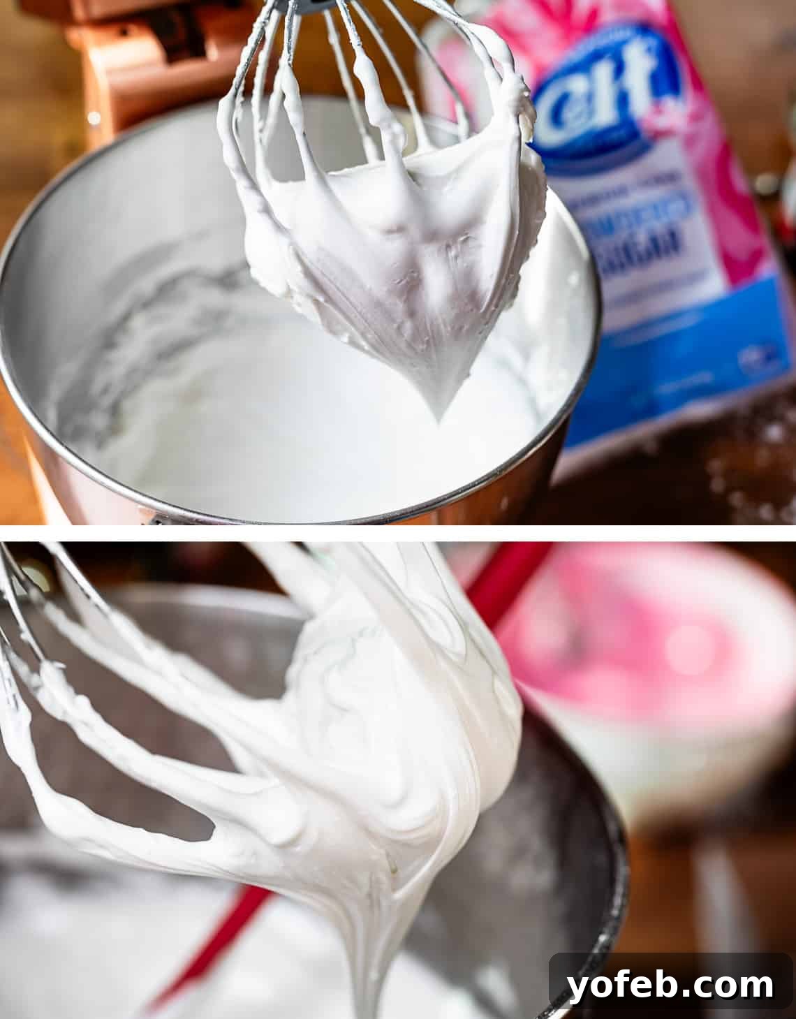 Beginner's Guide to Perfect Royal Icing 17 top slightly thinned base frosting on whisk, bottom close up of tilted whisk.