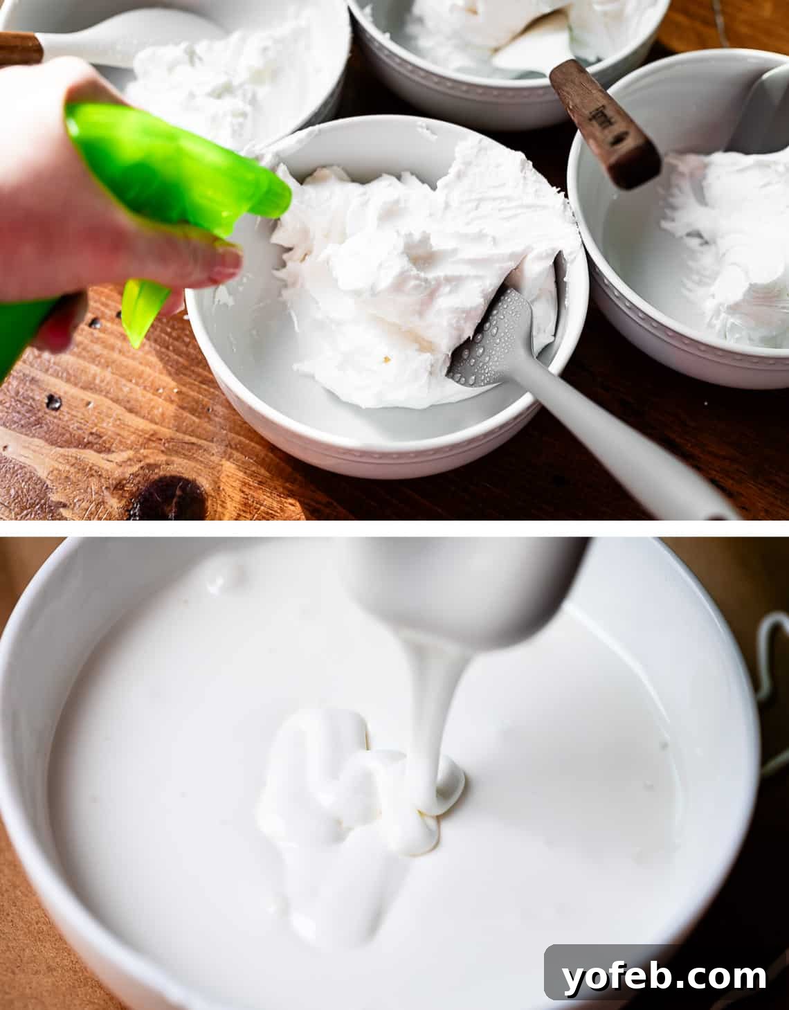 Beginner's Guide to Perfect Royal Icing 20 top spray bottle spraying white frosting in bowl, bottom thinner white frosting dripping into bowl.