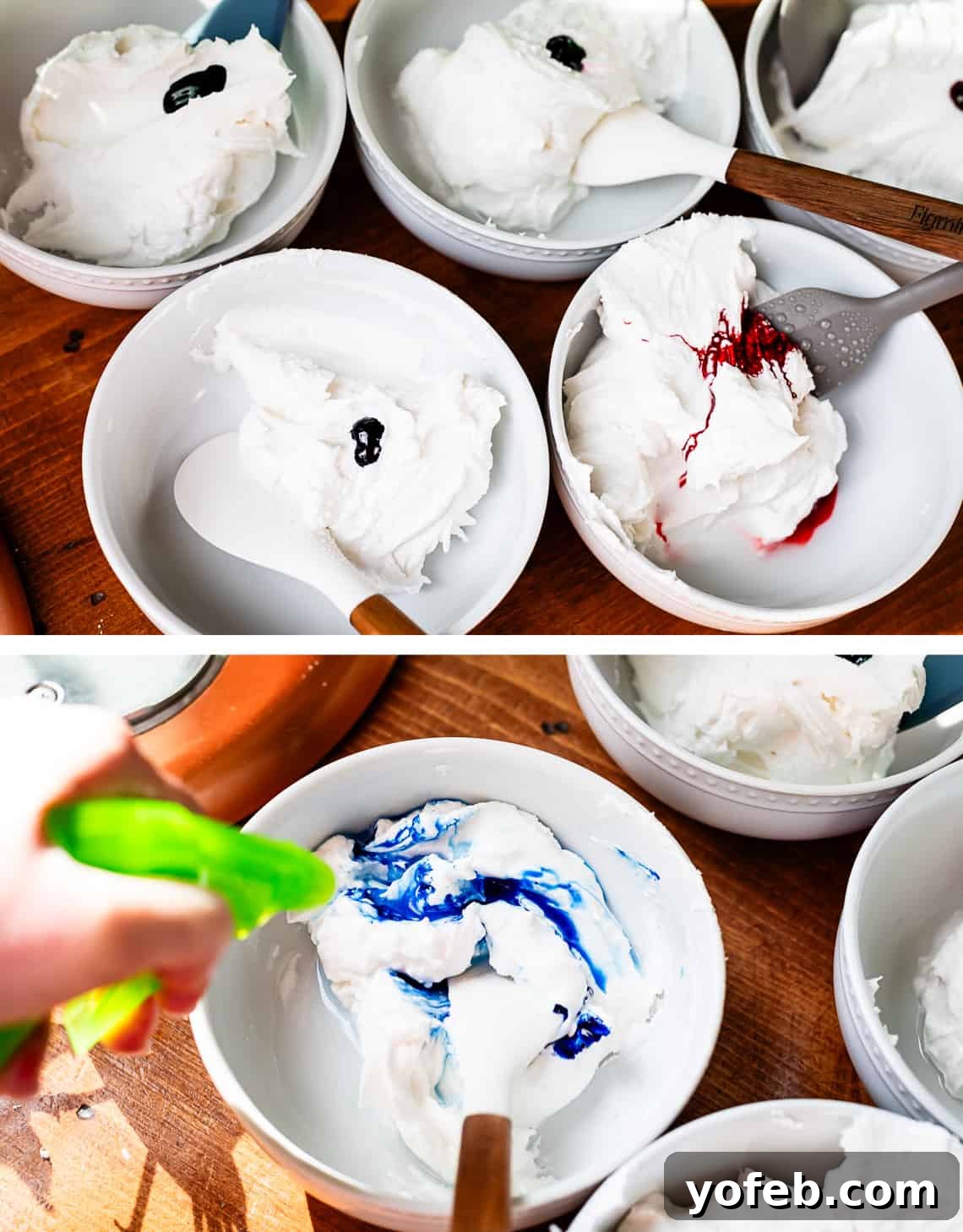 Beginner's Guide to Perfect Royal Icing 21 top five bowls with frosting and drops of food coloring in each, bottom spraying bowl with spray bottle.