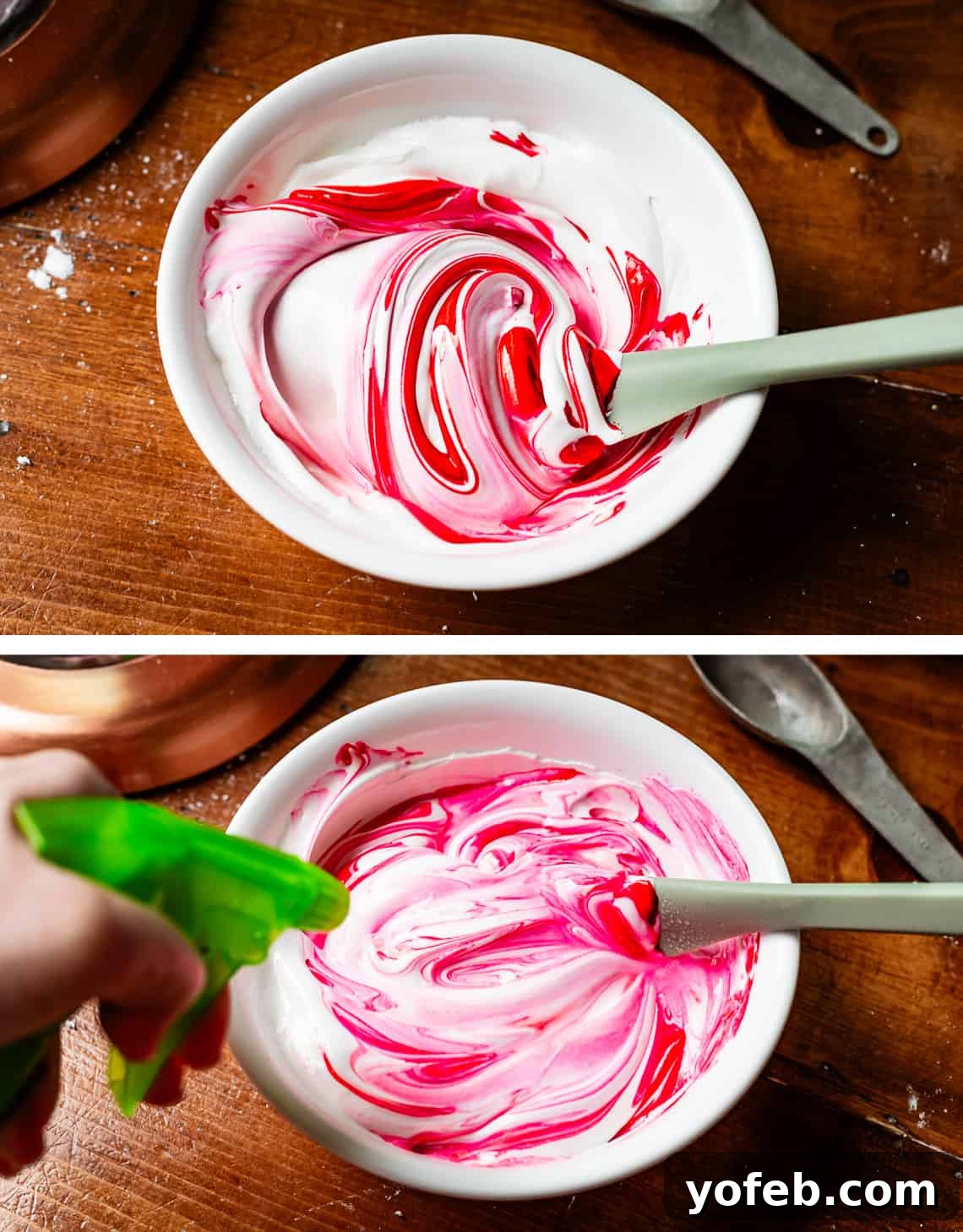 Beginner's Guide to Perfect Royal Icing 22 top stirring red coloring into white icing, bottom spraying more water into the red mixture.