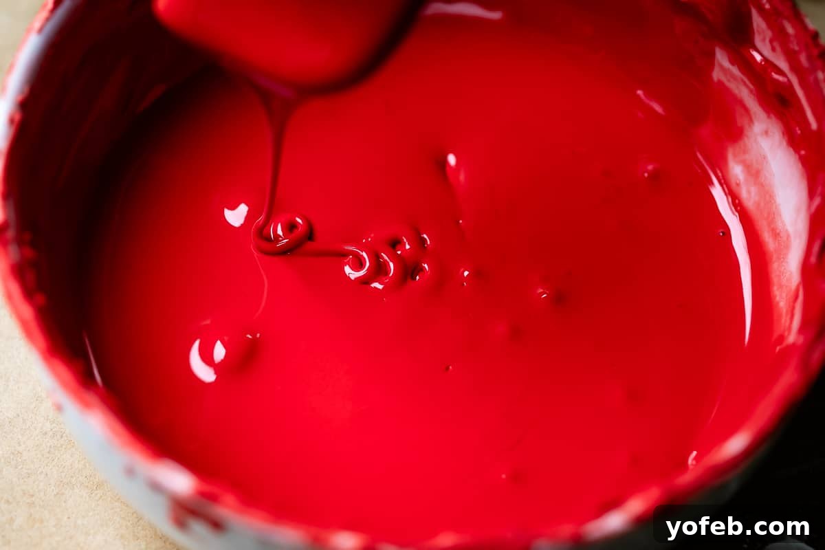 Beginner's Guide to Perfect Royal Icing 23 bowl of completely mixed in red frosting, dripping off a spoon into the bowl.