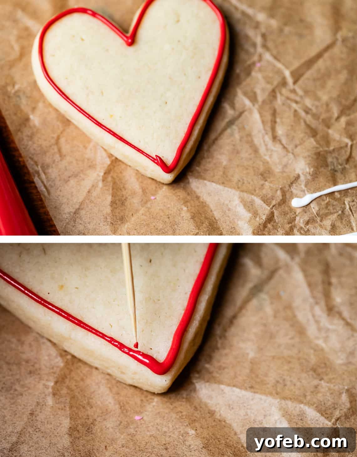 Beginner's Guide to Perfect Royal Icing 28 top heart shaped cookie with red piped outline with a mistake, bottom toothpick fixing mistake.