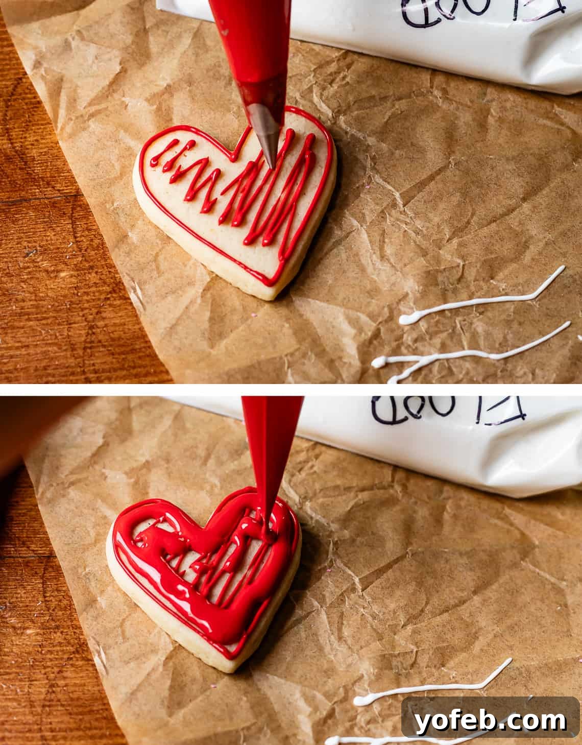 Beginner's Guide to Perfect Royal Icing 30 top trying to fill in with piping consistency bottom trying to fill in shape with flooding consistency.