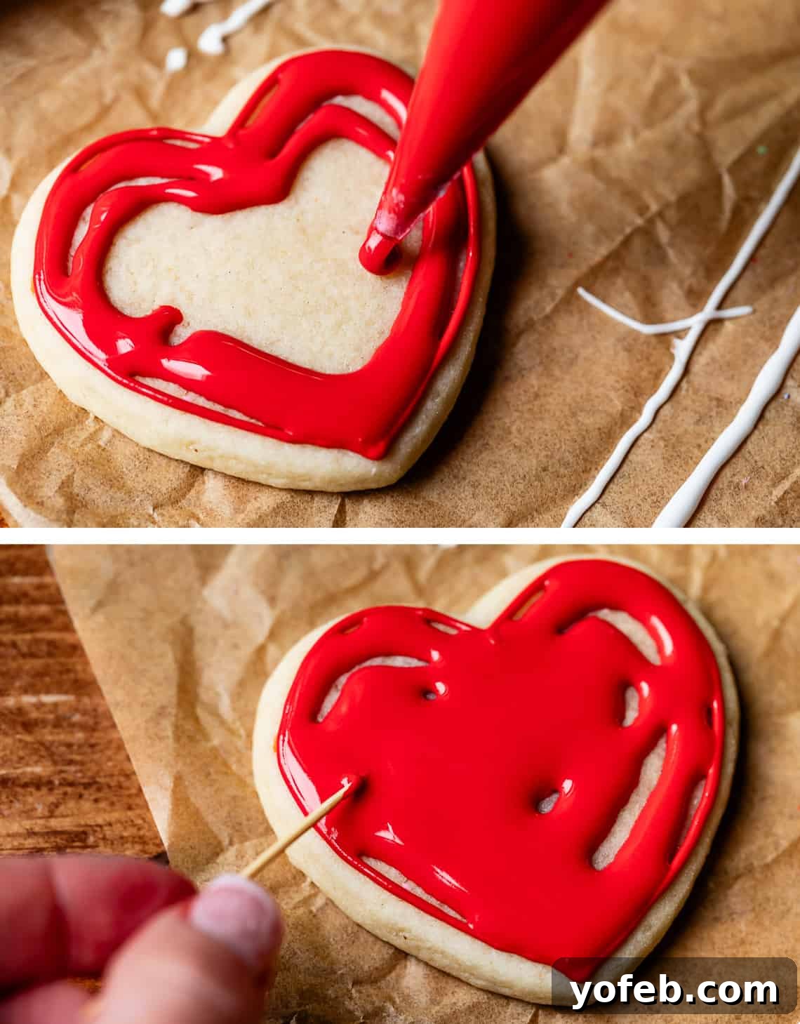 Beginner's Guide to Perfect Royal Icing 31 top filling heart in with flooding icing, bottom moving the icing around with a toothpick.