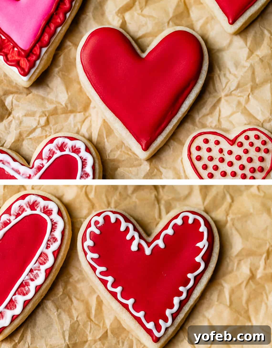 Beginner's Guide to Perfect Royal Icing 32 top heart shaped cookie with red frosting that has dried overnight, bottom adding white as lace over red.