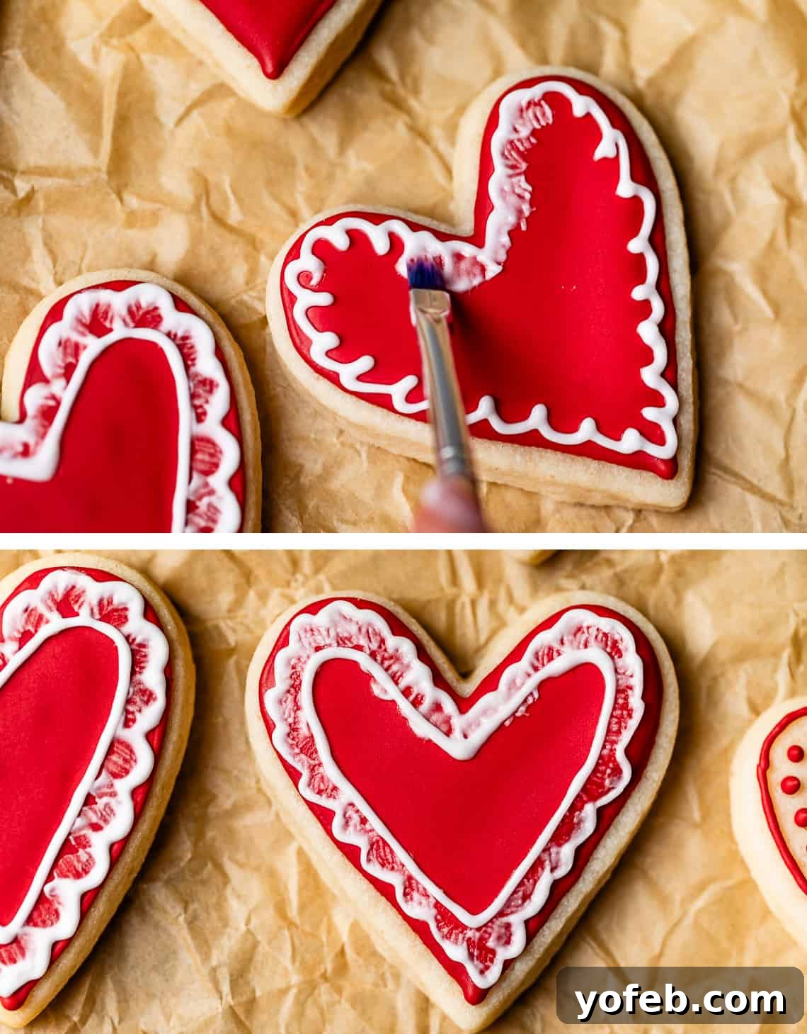 Beginner's Guide to Perfect Royal Icing 33 using a paintbrush to brush over frosting and create a lace affect on a cookie.
