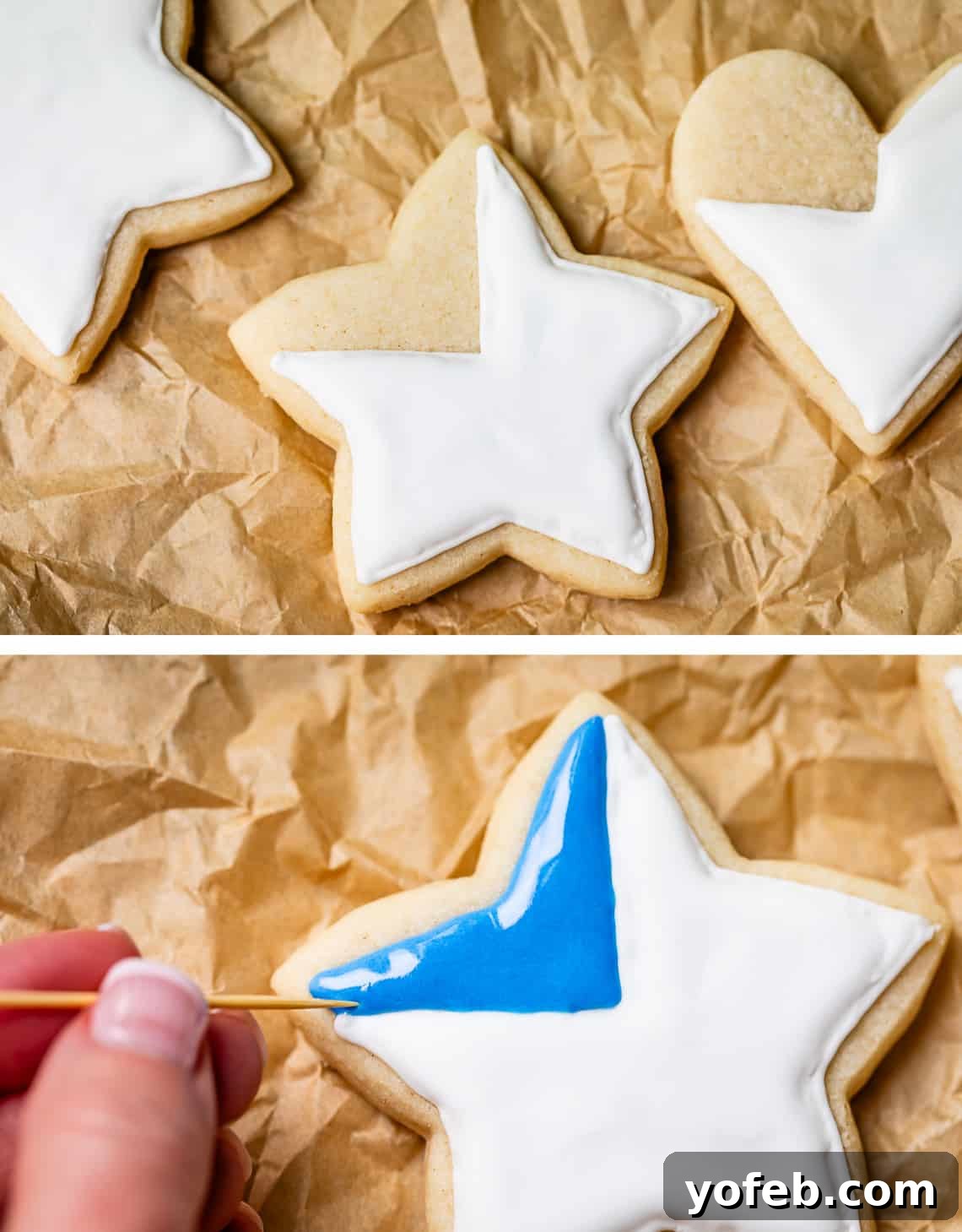 Beginner's Guide to Perfect Royal Icing 34 top star with white frosting on all but one side, bottom filling in the empty spot with blue icing.