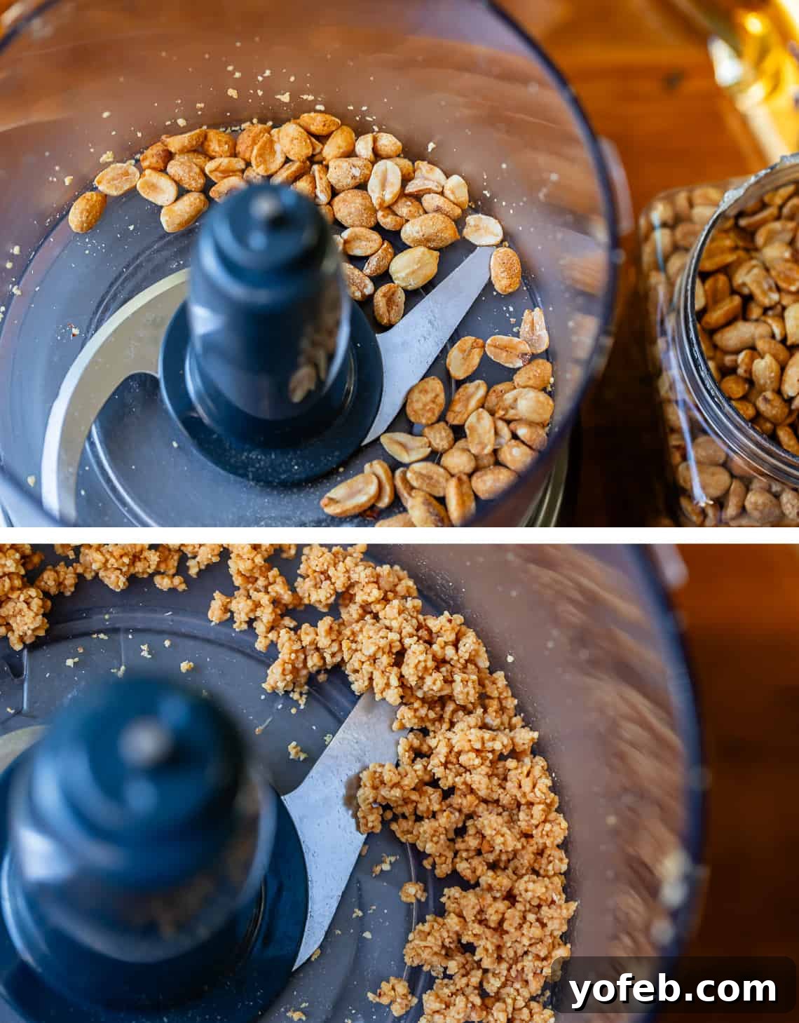 Irresistible Buckeye Ball Recipe 11 Top: whole peanuts in a food processor. Bottom: finely pulverized peanuts after processing.