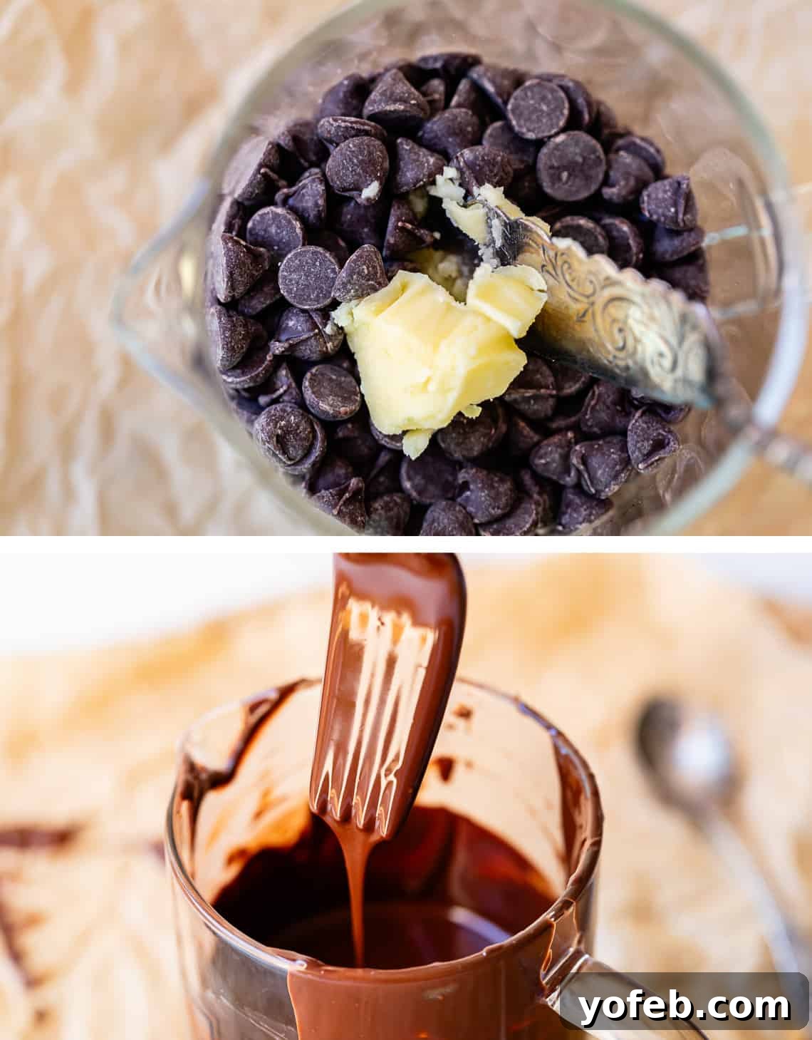 Irresistible Buckeye Ball Recipe 16 Top: chocolate chips and shortening in a bowl. Bottom: melted chocolate stirred with a fork.