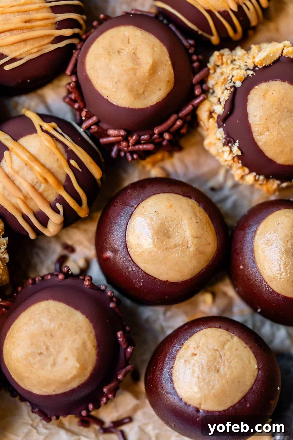 Irresistible Buckeye Ball Recipe 3 Overhead shot of buckeye cookies, some drizzled with peanut butter or dipped in nuts.