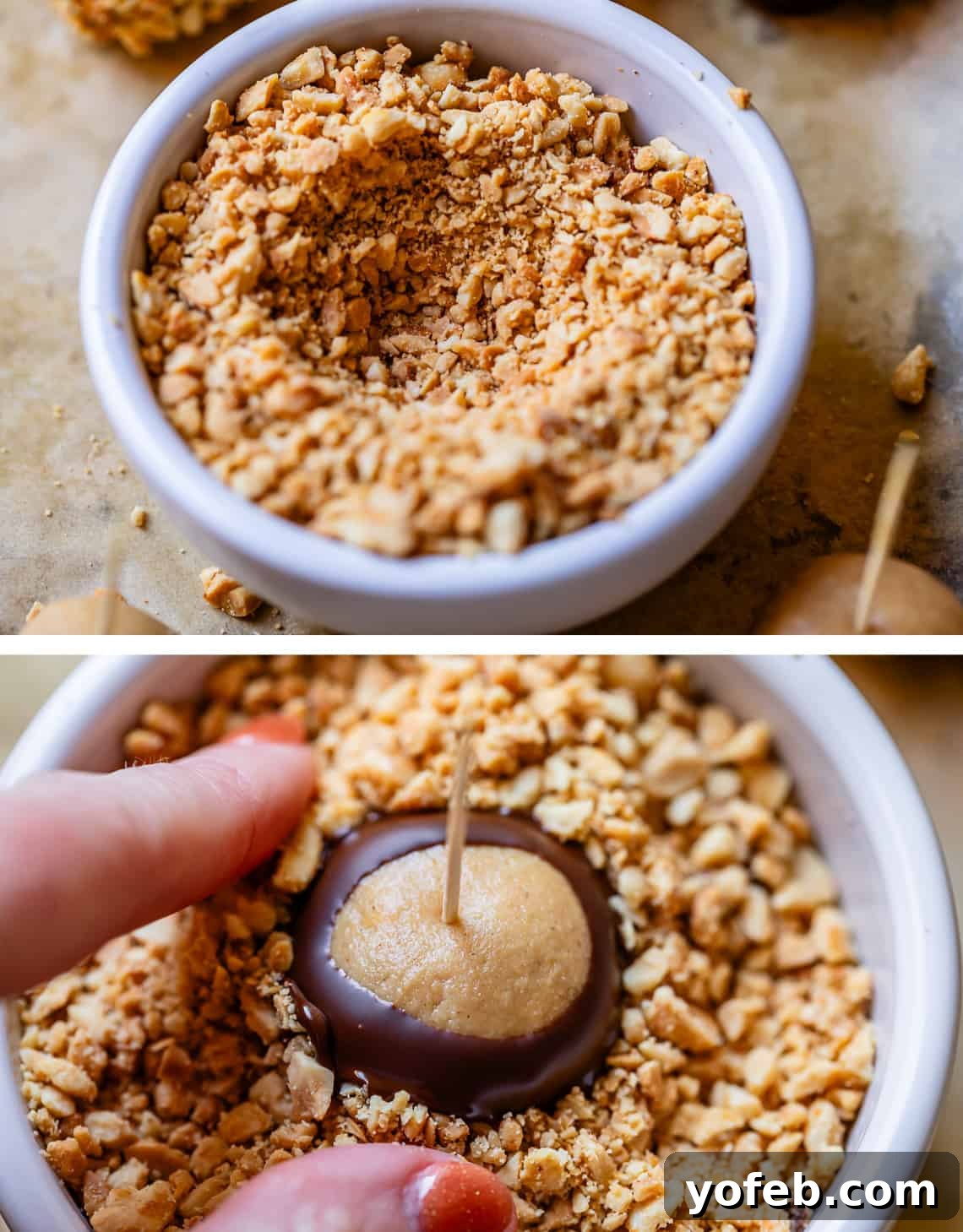 Irresistible Buckeye Ball Recipe 21 Top: small well made in a bowl of peanuts. Bottom: buckeye in the well, pressing nuts into the chocolate.