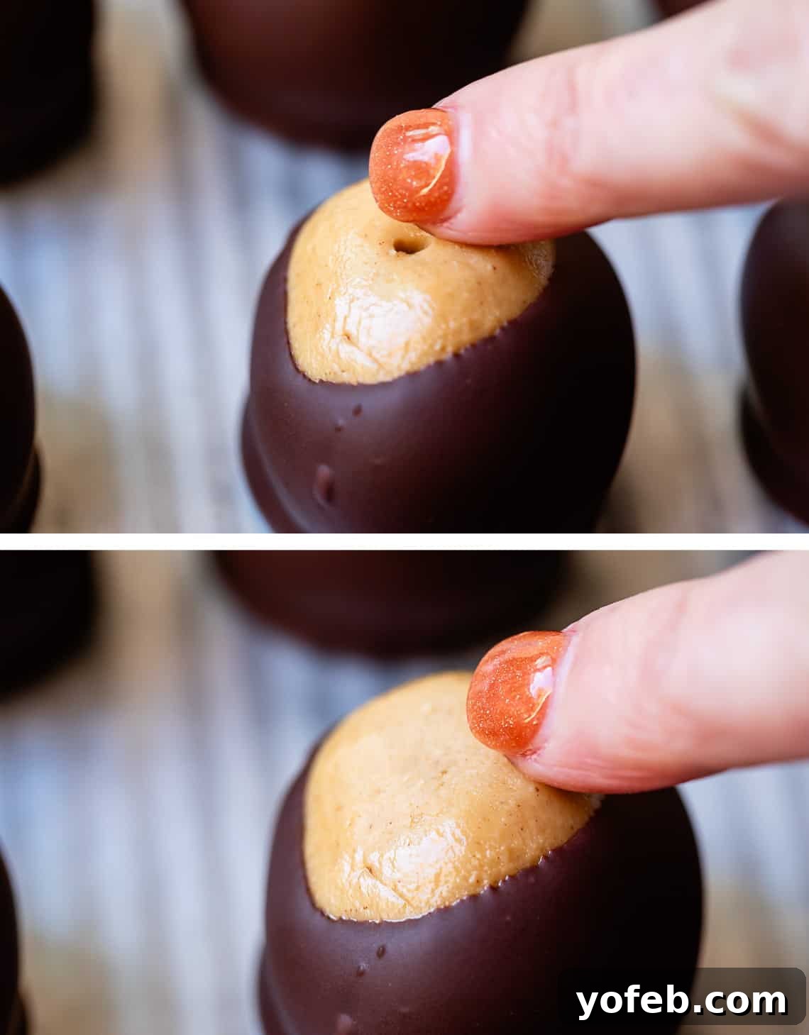 Irresistible Buckeye Ball Recipe 23 Top: finger next to a buckeye with a toothpick hole. Bottom: using the finger to smooth out the hole.