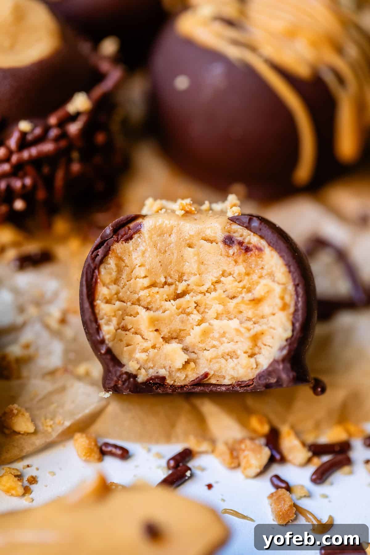 Irresistible Buckeye Ball Recipe 29 Close-up of peanut butter buckeye candy with a bite taken out, revealing the delicious creamy center.