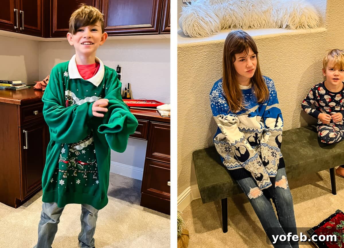Irresistible Buckeye Ball Recipe 4 Boy in a green sweater, girl in a blue sweater, both wearing ugly Christmas sweaters.