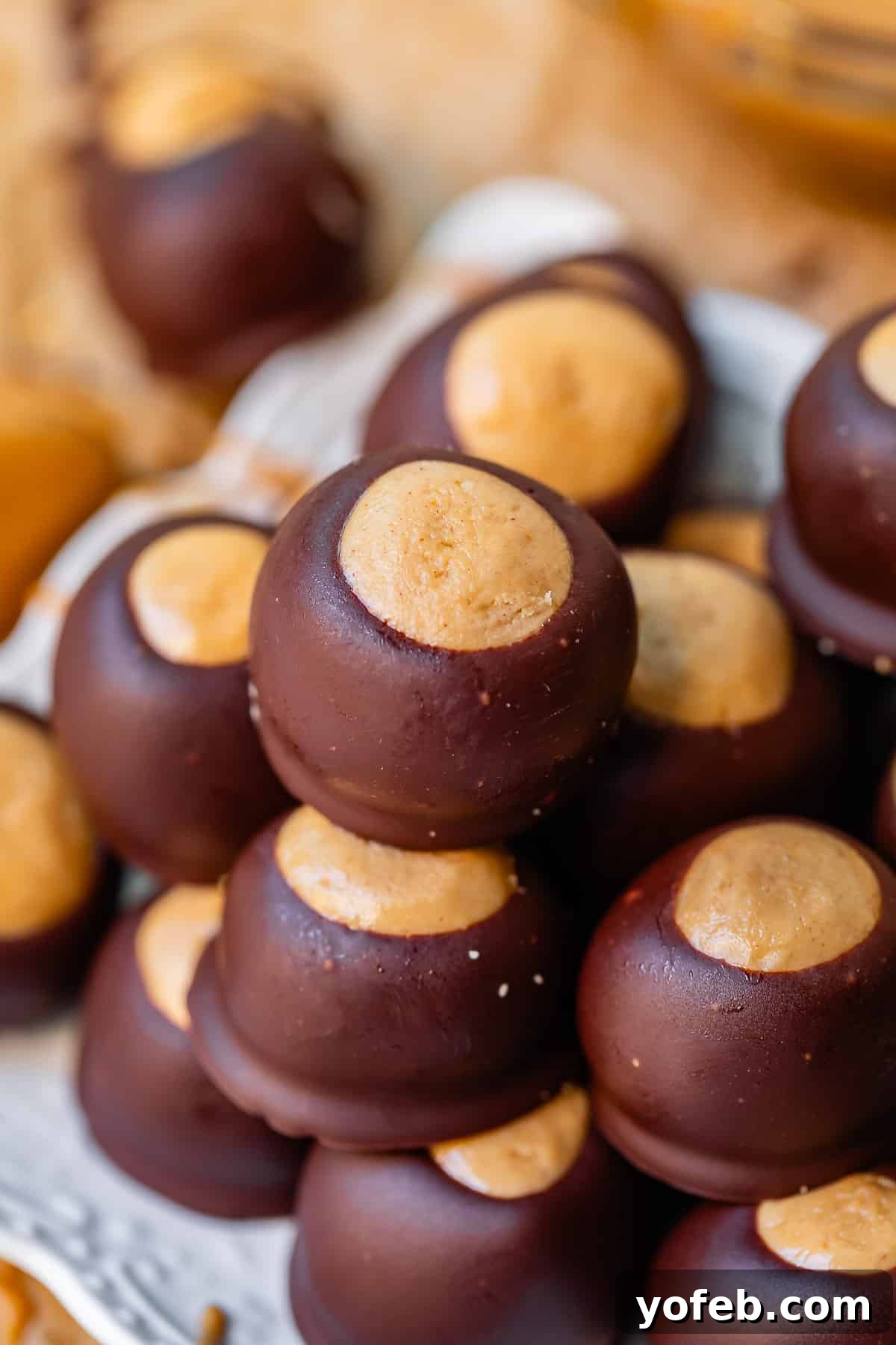 Irresistible Buckeye Ball Recipe 6 Buckeyes stacked neatly on a white plate.