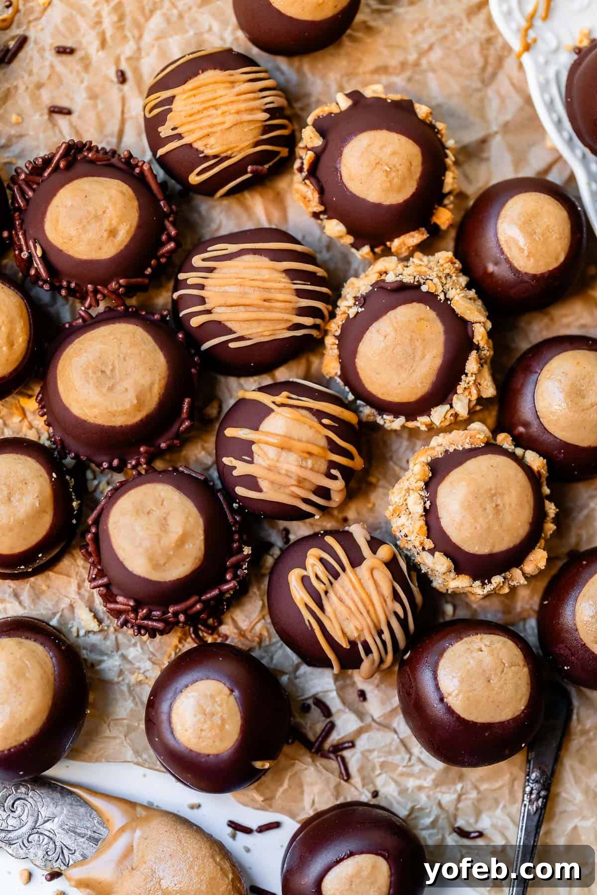 Irresistible Buckeye Ball Recipe 7 Overhead shot of buckeye recipe, some dipped in nuts and drizzled with peanut butter.