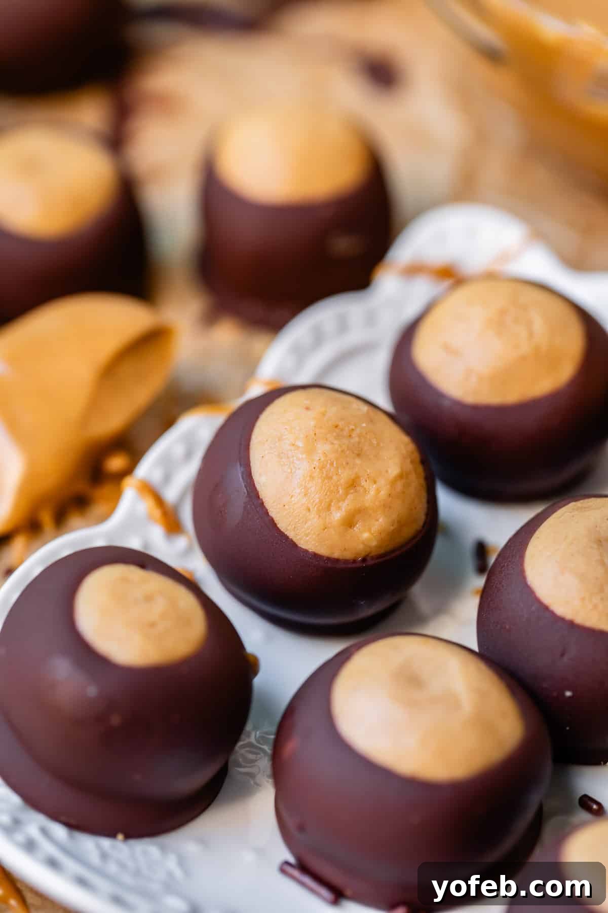 Irresistible Buckeye Ball Recipe 8 Buckeyes lined up on a white fancy plate, with more in the background.