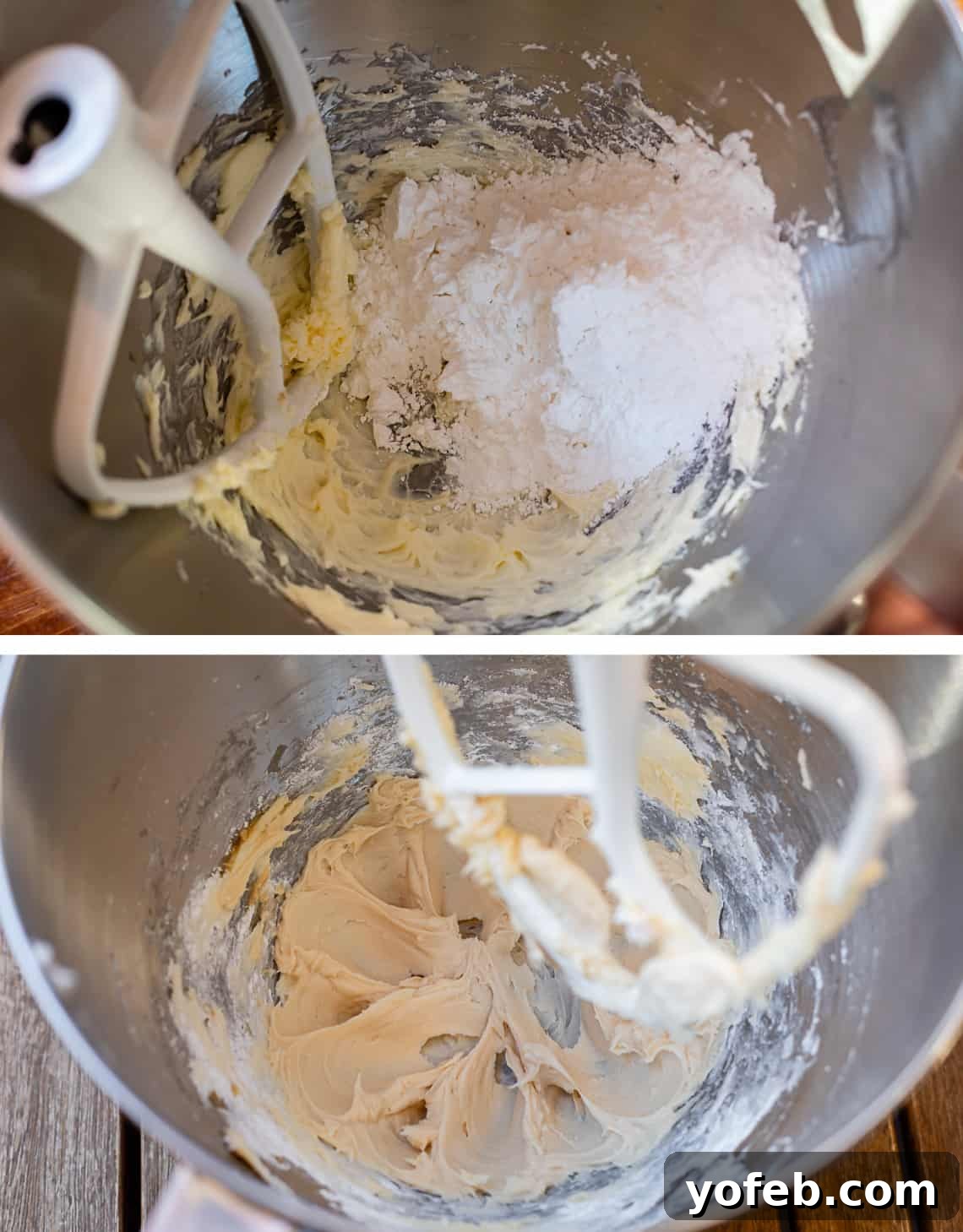 Irresistible Buckeye Ball Recipe 10 Top: adding powdered sugar to creamed butter. Bottom: mixture after beating together.