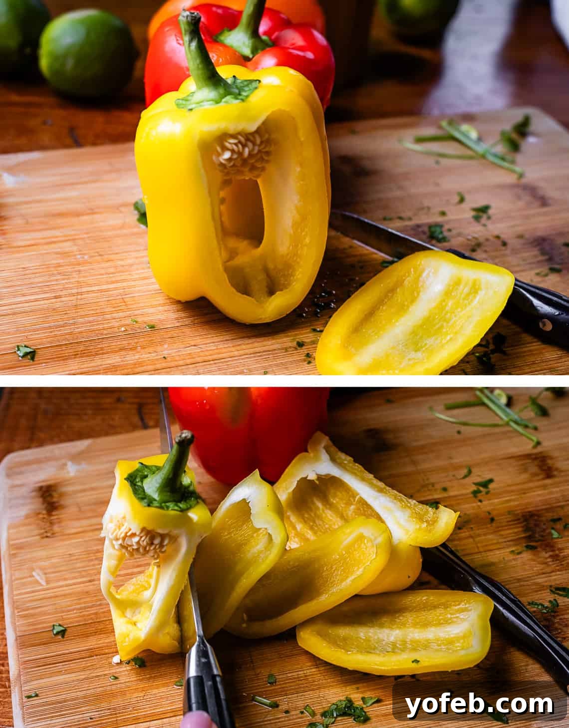 My Chicken Fajitas Awakening 13 top showing how to cut bell pepper; bottom all sides cut off the center of the bell pepper.