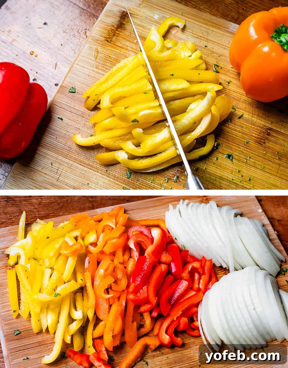 My Chicken Fajitas Awakening 14 top cutting bell pepper strips into half, bottom sliced onions and chopped bell pepper on cutting board.