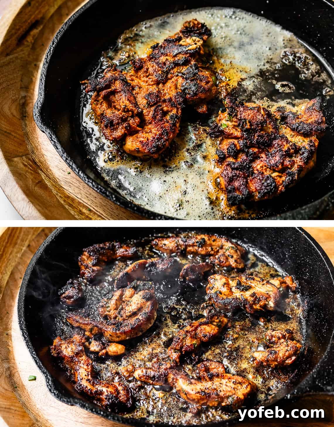 My Chicken Fajitas Awakening 15 top whole chicken thighs getting blackened in cast iron skillet, bottom several small pieces frying.