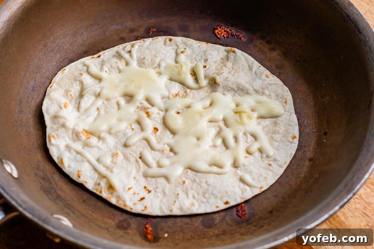My Chicken Fajitas Awakening 18 tortilla with melted white cheese in a dark skillet.