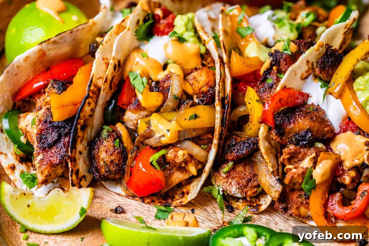 My Chicken Fajitas Awakening 4 three flour tortillas stuffed full of fajita chicken, peppers, onions, topped with guacamole and sour cream.