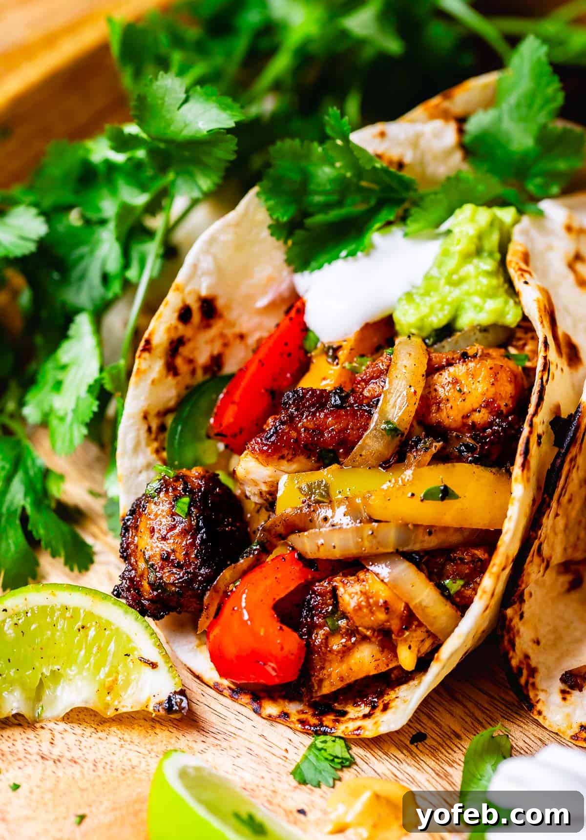 My Chicken Fajitas Awakening 5 the open face of a flour tortilla stuffed with fajita chicken, onions, and bell peppers.