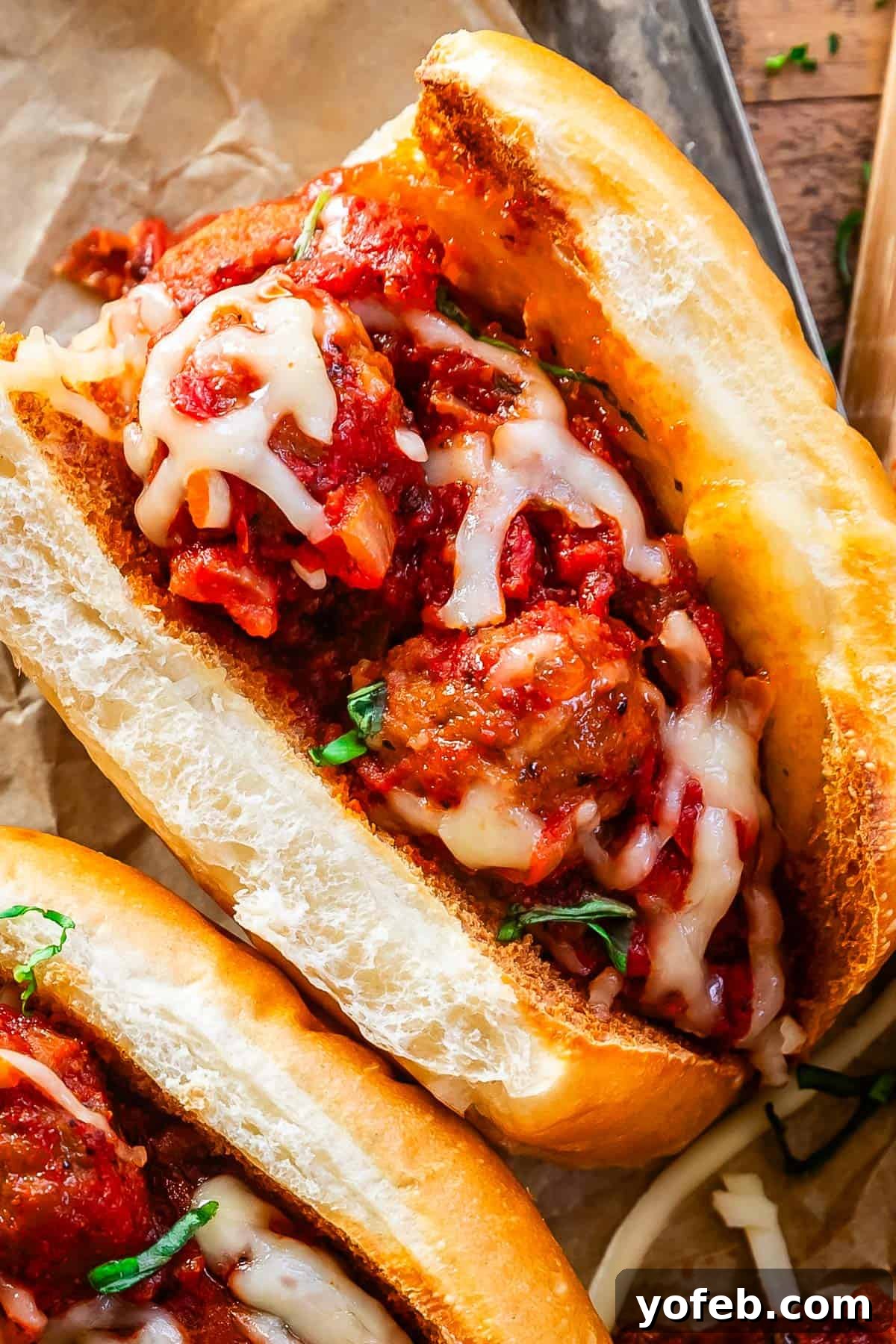 Laura's Ultimate Meatball Sub 15 A close-up, irresistible shot of a freshly made meatball sub, showcasing the perfectly toasted golden bun, the rich red sauce coating tender meatballs, and the melted, stringy cheese, promising a delightful culinary experience.