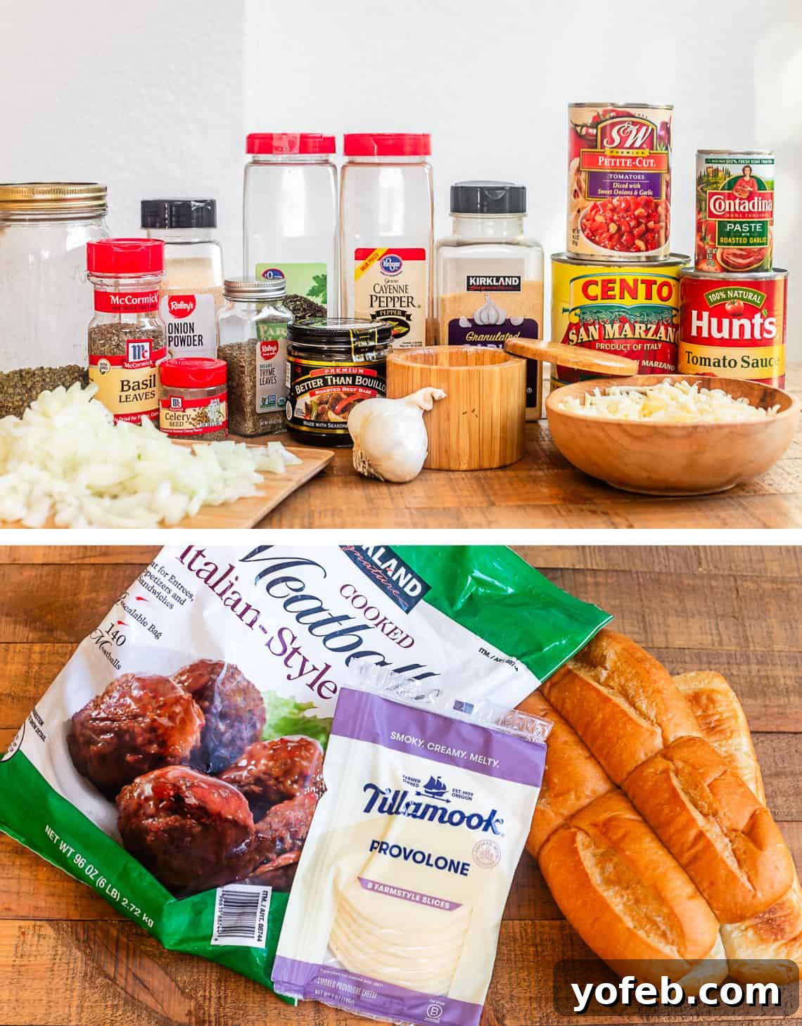 Laura's Ultimate Meatball Sub 5 A vibrant flat lay of all the essential ingredients for making homemade meatball subs, including various canned tomatoes, a chopped onion, fresh garlic, a selection of herbs and spices, a package of frozen meatballs, mozzarella cheese, and sturdy hoagie rolls.