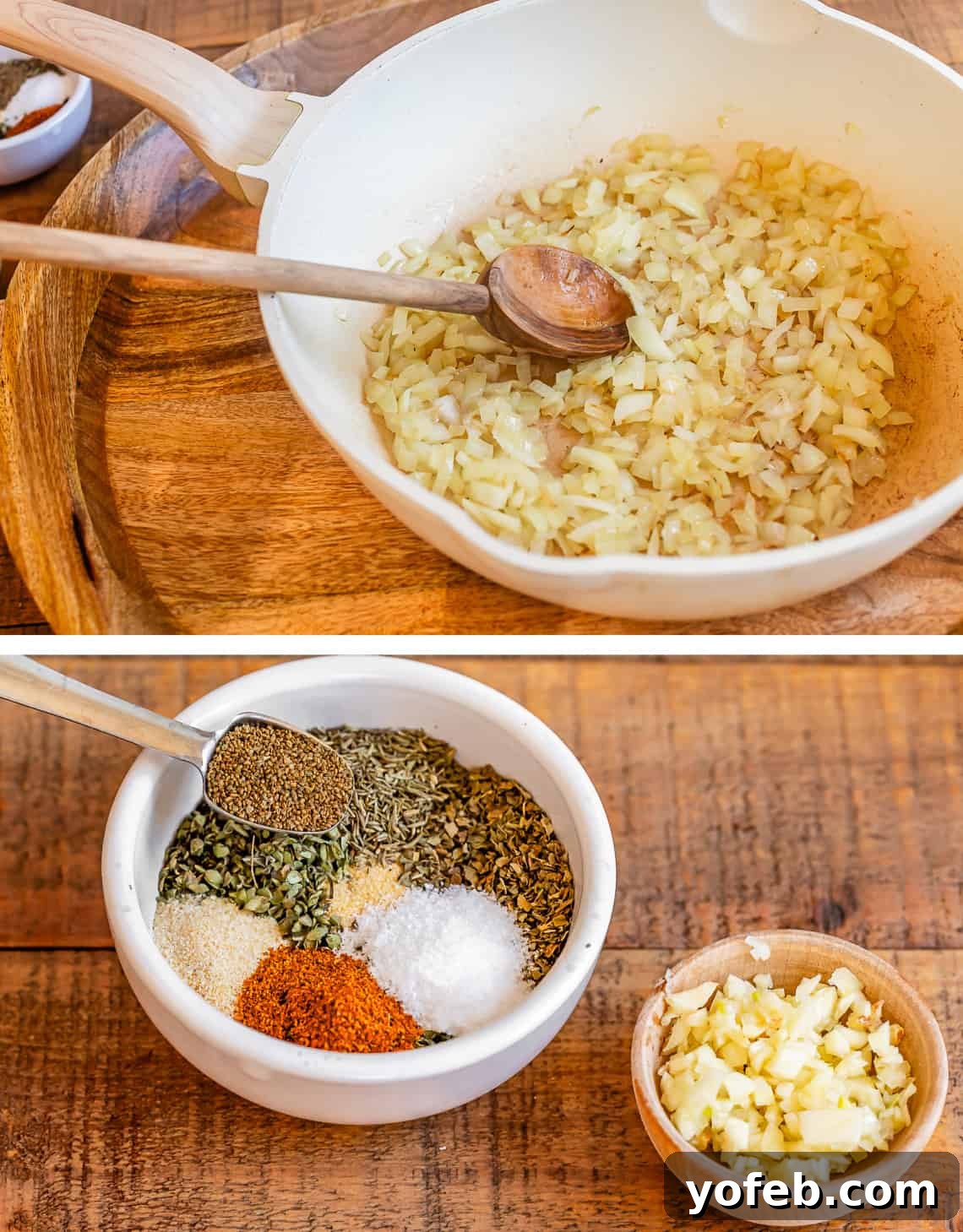 Laura's Ultimate Meatball Sub 6 A two-part image showing the initial steps of sauce preparation: Top features chopped onions sautéing in a pan with olive oil. Bottom displays small bowls containing a blend of dried spices and finely minced fresh garlic, ready to be added to the onions.