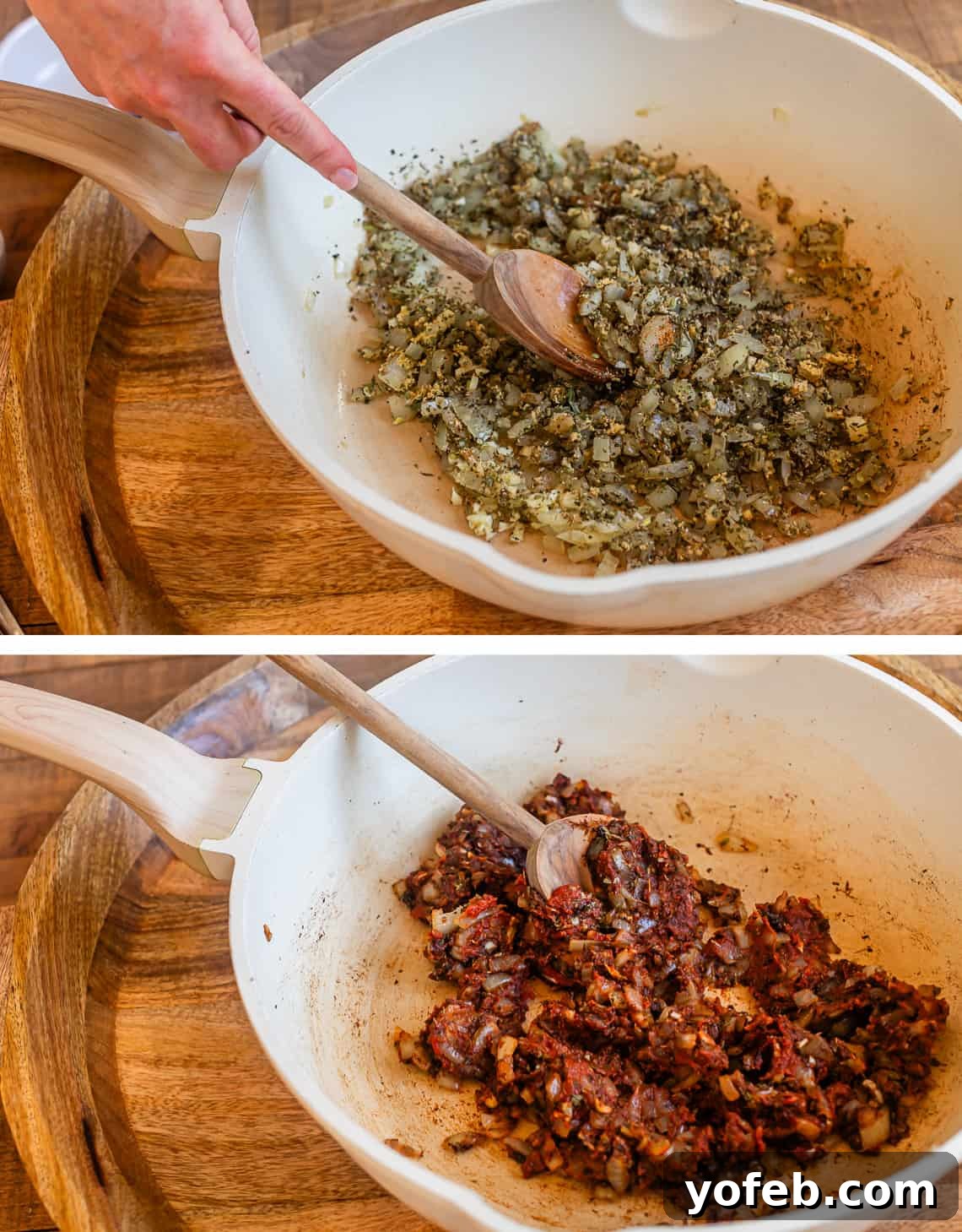 Laura's Ultimate Meatball Sub 7 A two-part image illustrating sauce development: Top shows the onions, garlic, and mixed spices actively cooking together in a skillet, creating a fragrant base. Bottom features a can of tomato paste being added to this aromatic mixture, ready to be stirred in.