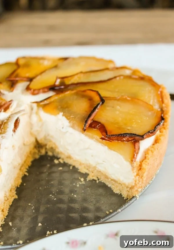 Roasted Pear and Maple Bliss Cheesecake 5 The final maple cheesecake with roasted pears, garnished with fresh herbs, ready for a special occasion.