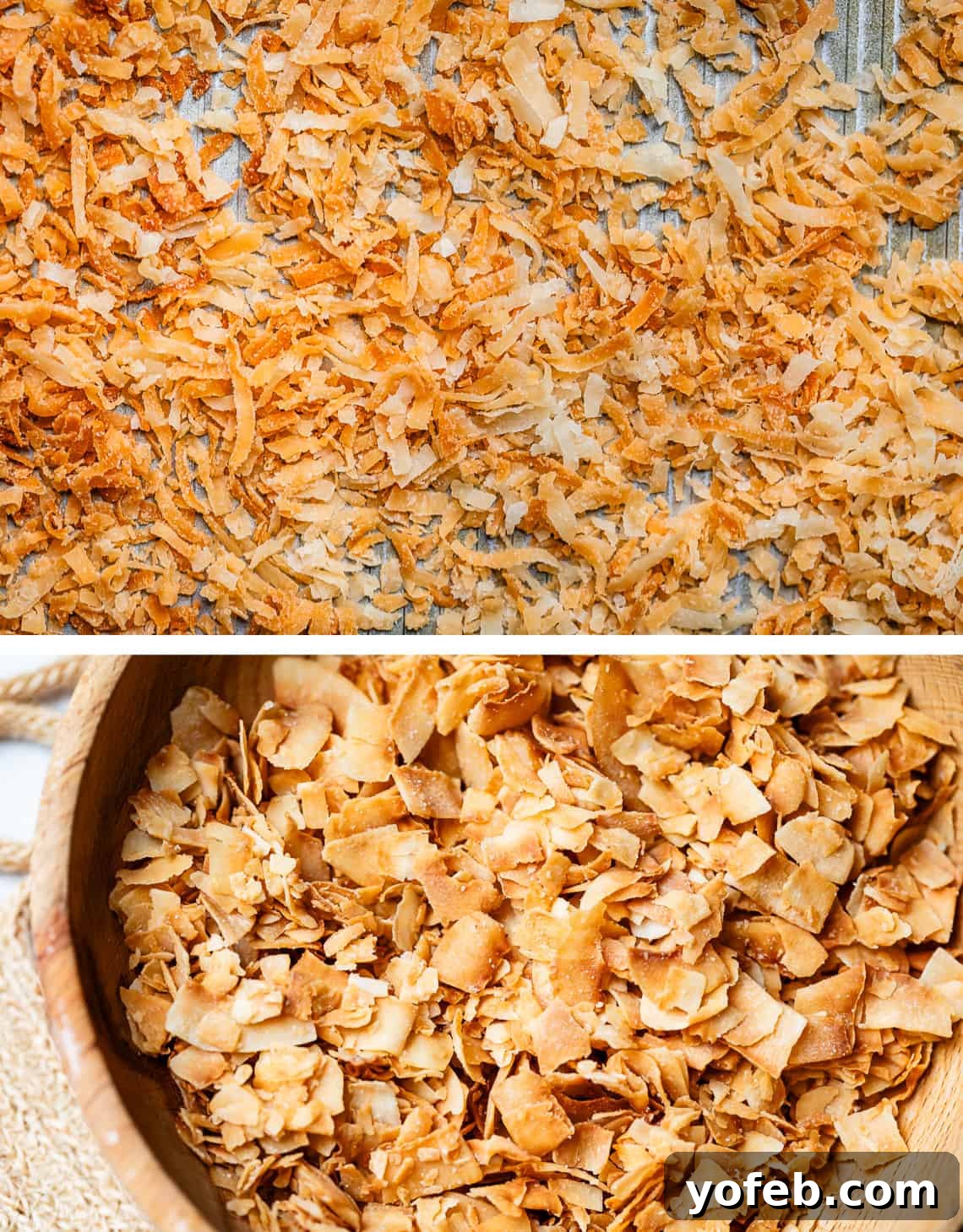Luscious Caramel Swirled Coconut Cream Pie 12 two photos of toasted coconut, one thin strands, the other large flakes.