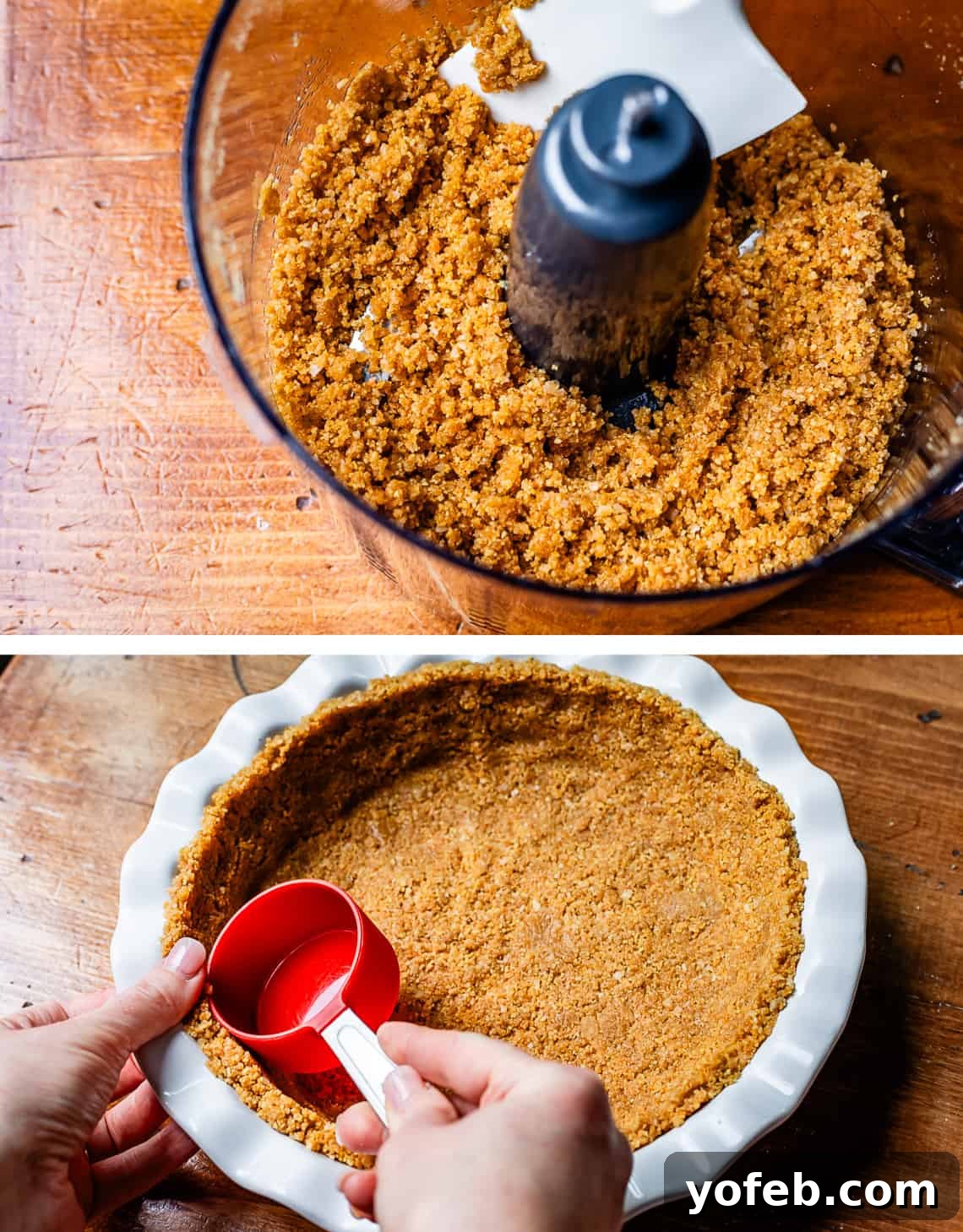 Luscious Caramel Swirled Coconut Cream Pie 14 top blended crust ingredients in bowl, bottom using a measuring cup to press crust in pan.